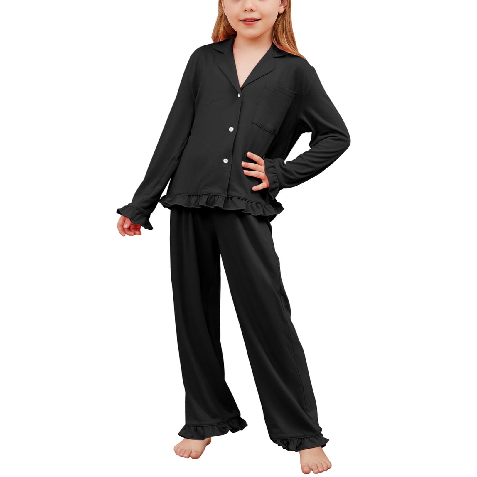 Girls Ruffle Long Sleeve Button-Down Pajama Set