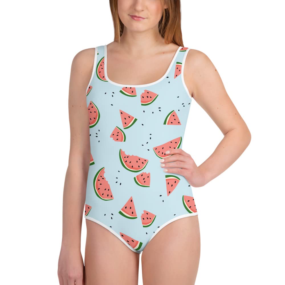 Girls Blue Fruit Print One-Piece Swimsuit