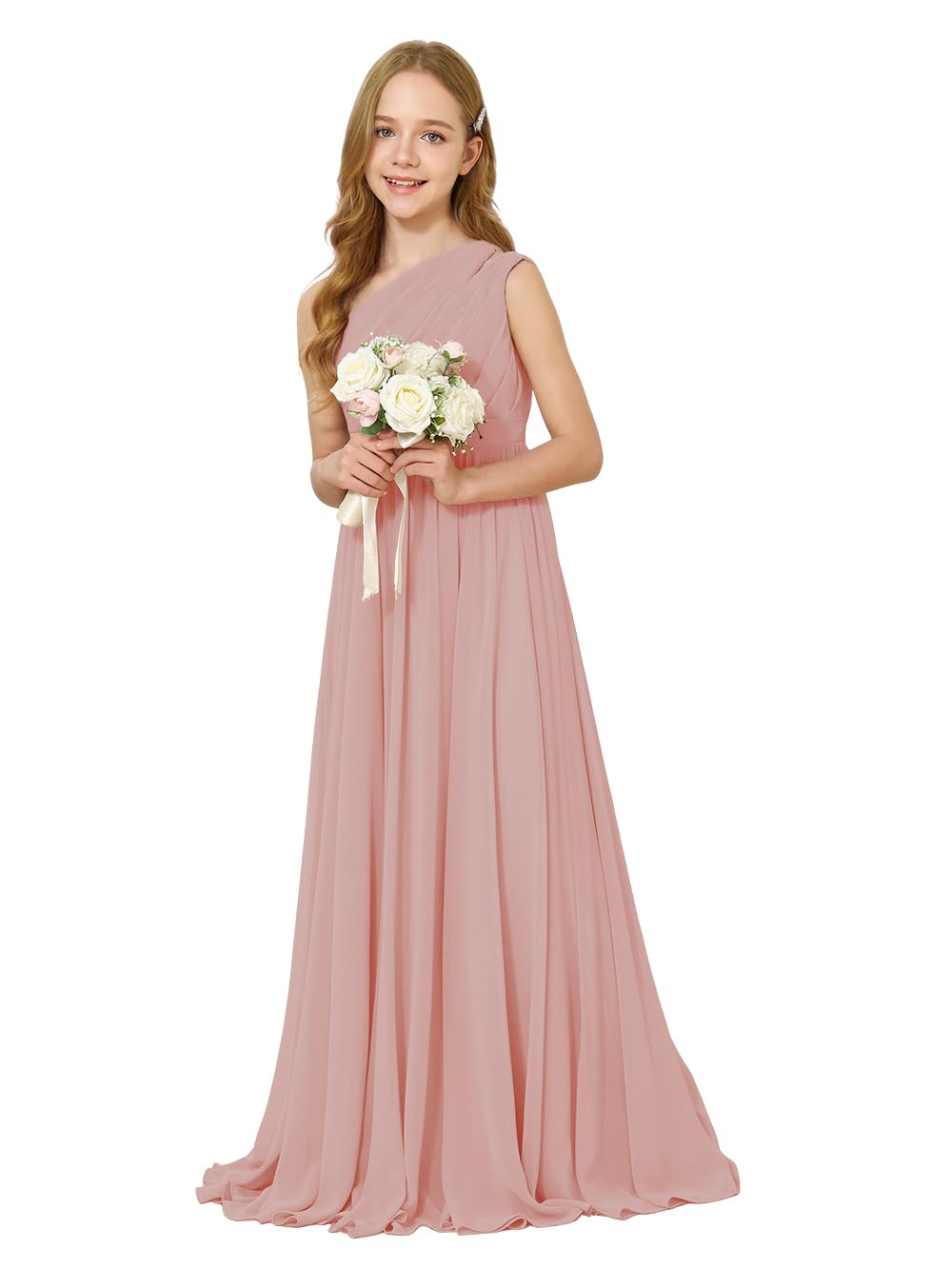 Girls One-Shoulder Chiffon Bridesmaid Maxi Dress