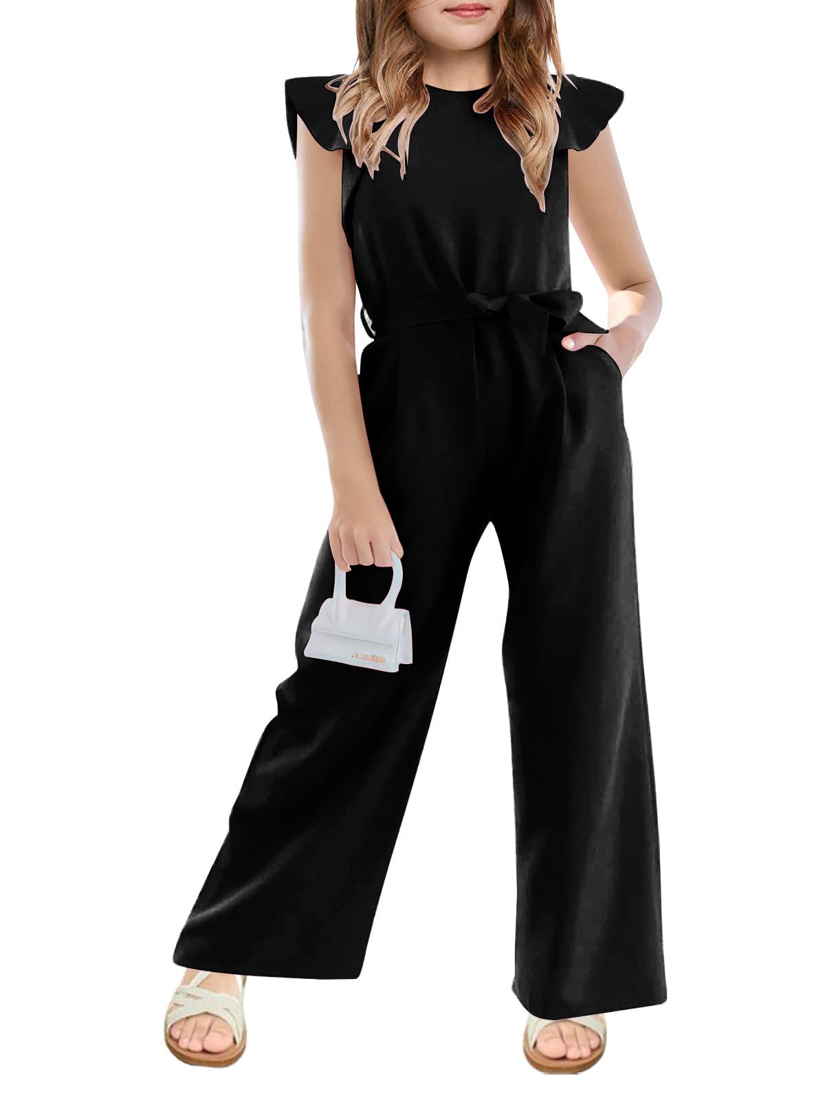 Girls Belted Wide Leg Jumpsuit with Pockets