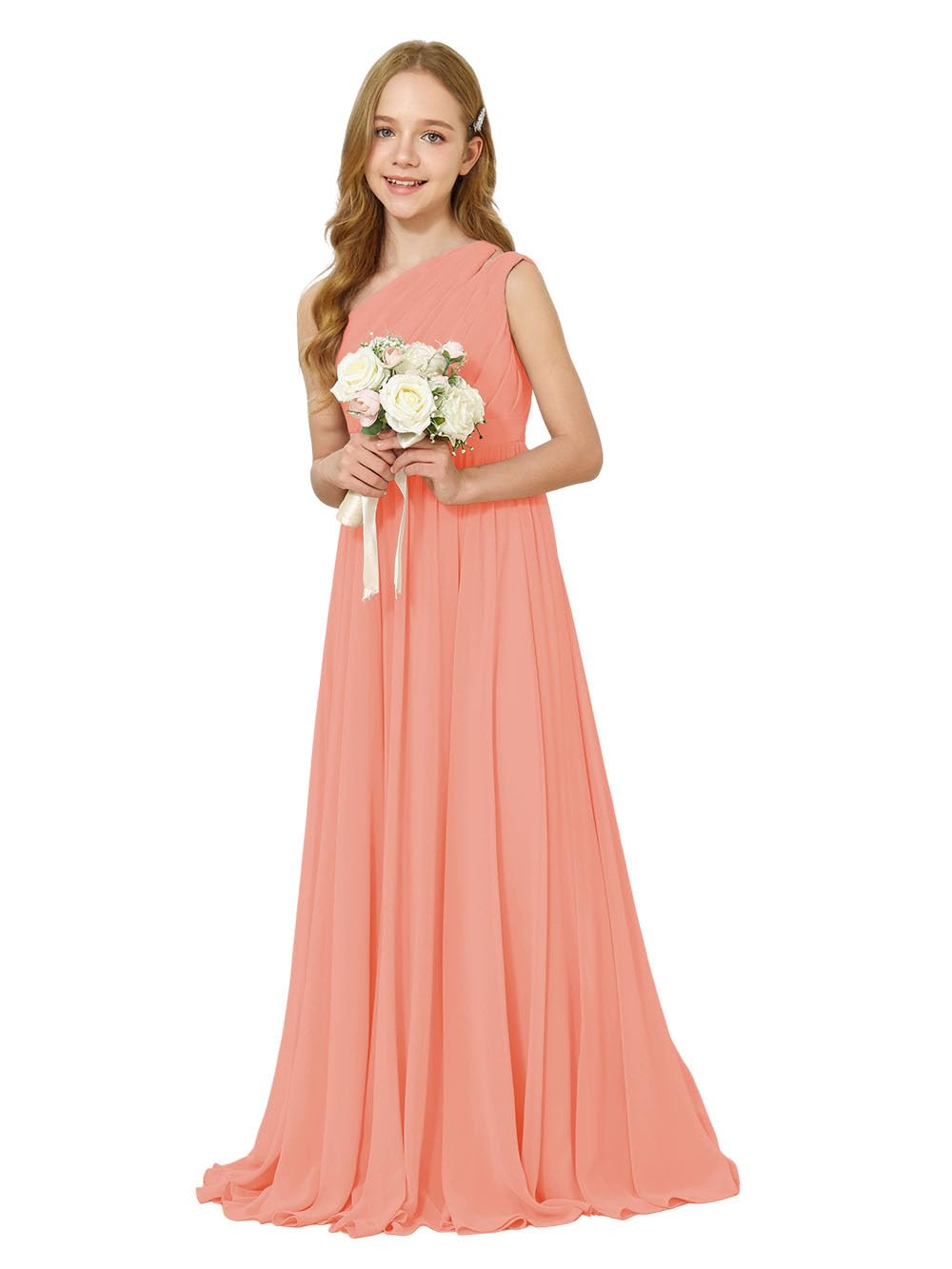Girls One-Shoulder Chiffon Bridesmaid Maxi Dress