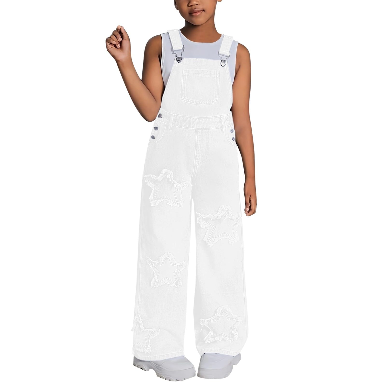 Girls Star Embroidered Wide-Leg Denim Overalls