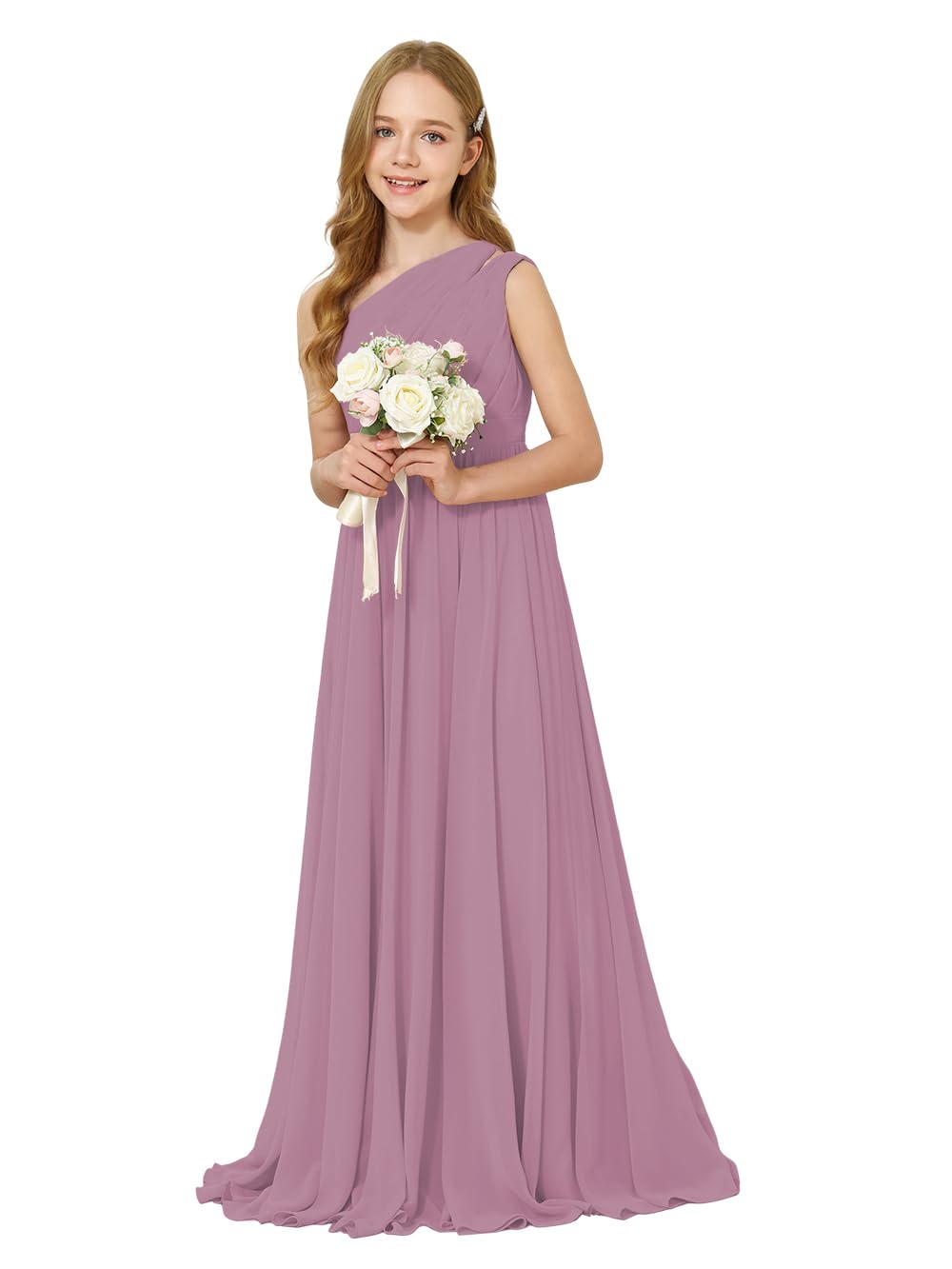 Girls One-Shoulder Chiffon Bridesmaid Maxi Dress