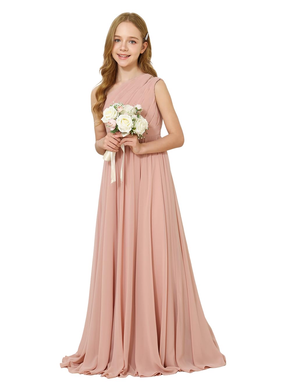 Girls One-Shoulder Chiffon Bridesmaid Maxi Dress