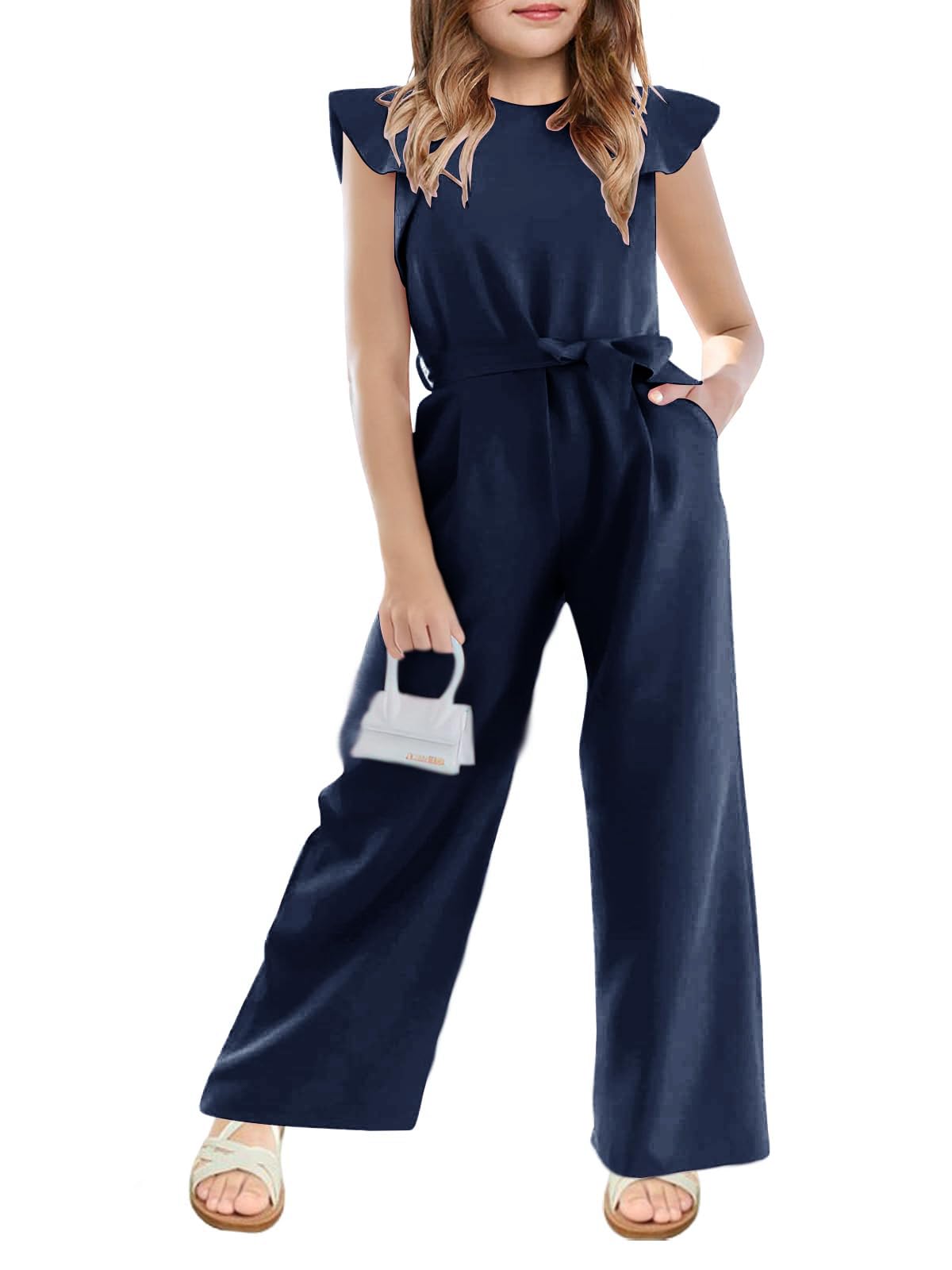 Girls Belted Wide Leg Jumpsuit with Pockets