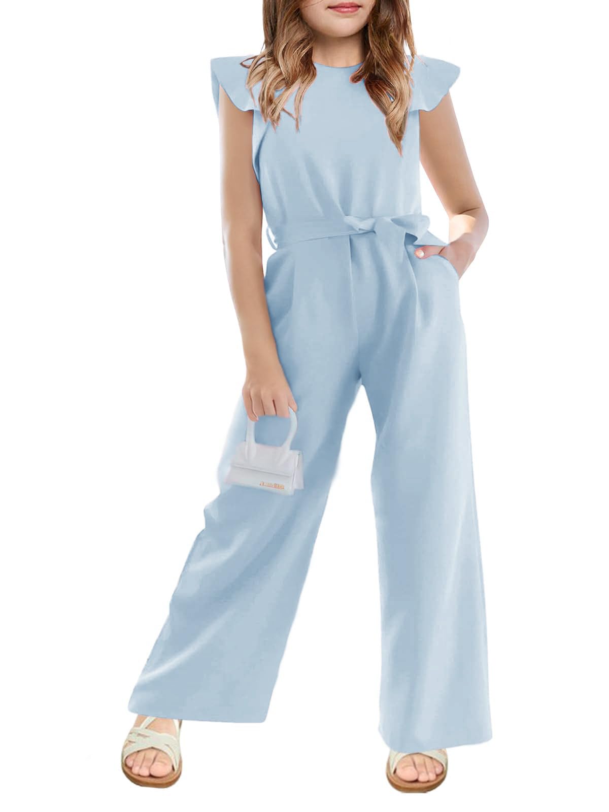 Girls Belted Wide Leg Jumpsuit with Pockets