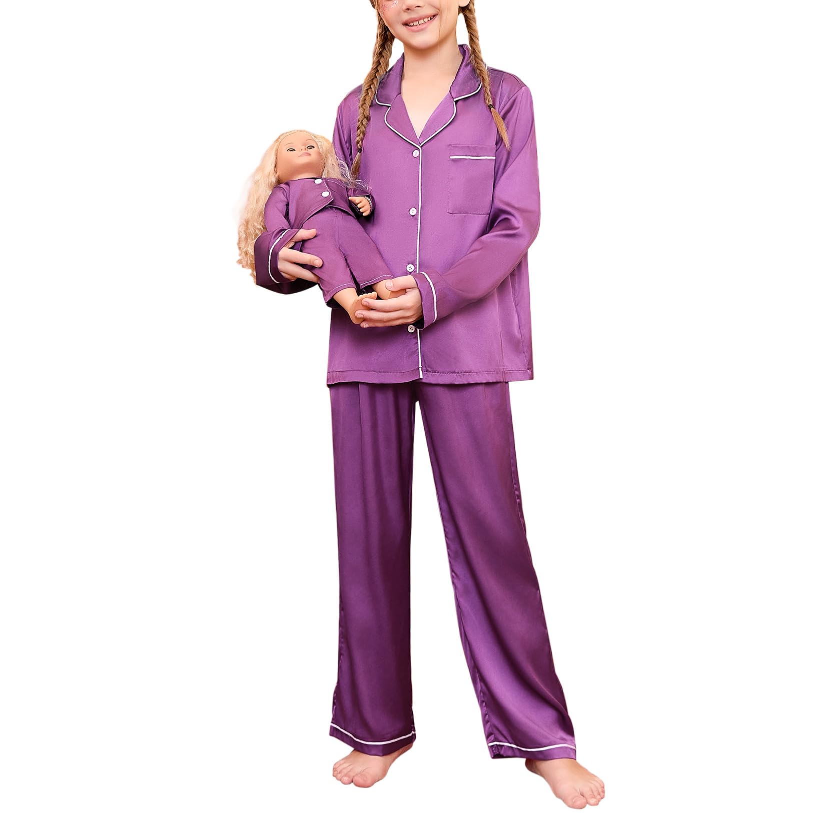 Girls Long Sleeve Satin Pajama Set with Matching Doll PJs