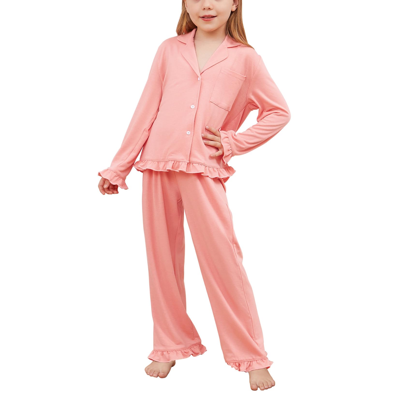 Girls Ruffle Long Sleeve Button-Down Pajama Set