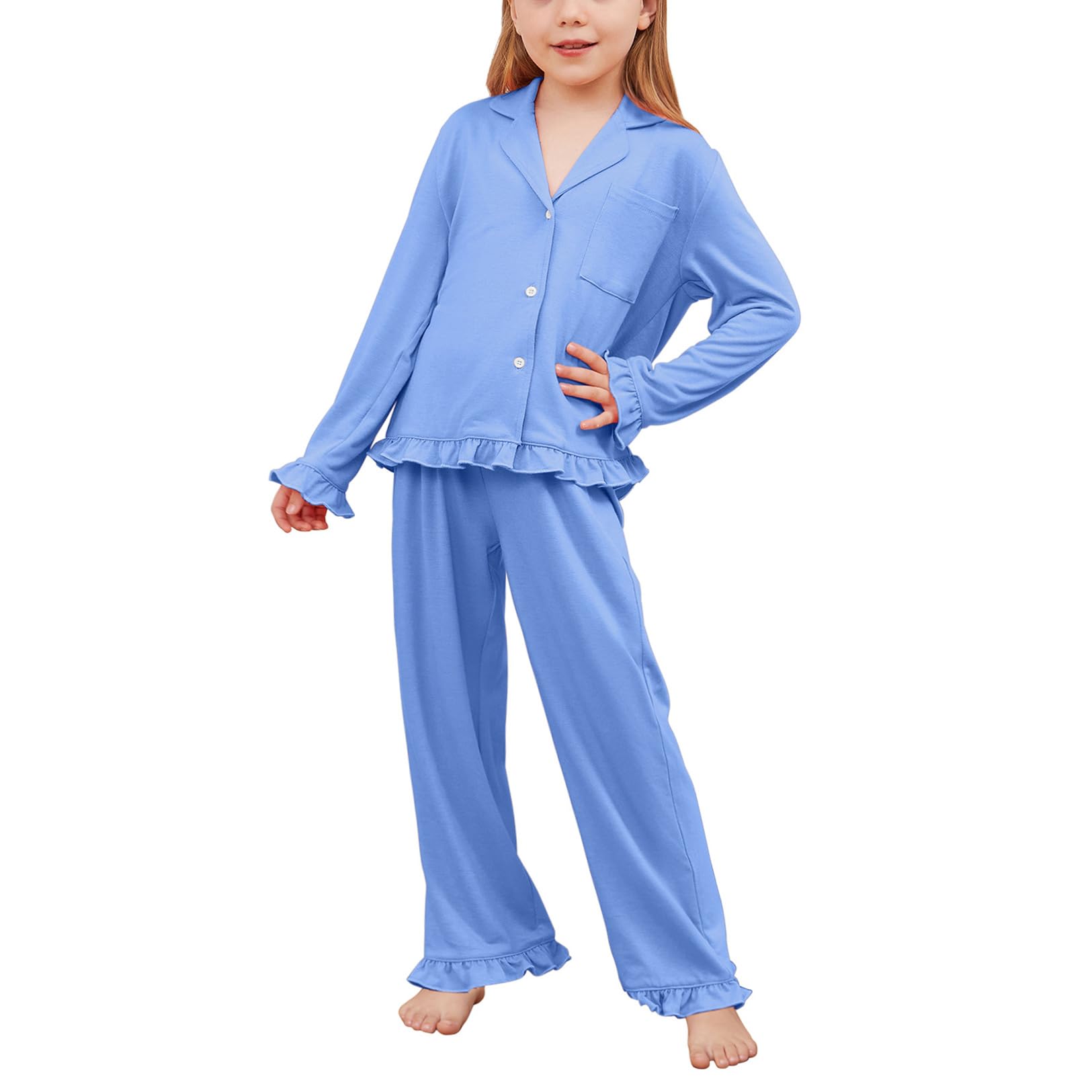 Girls Ruffle Long Sleeve Button-Down Pajama Set