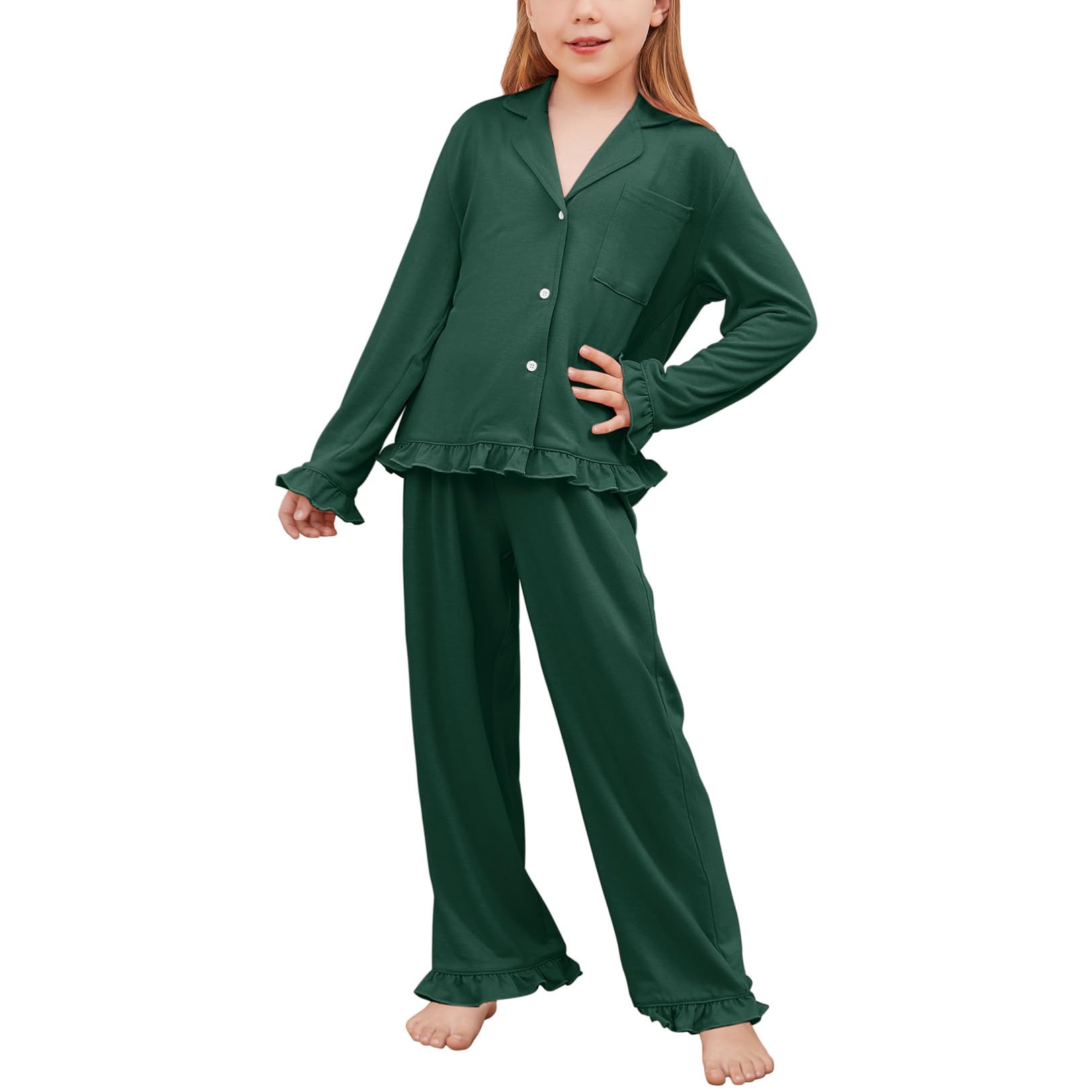 Girls Ruffle Long Sleeve Button-Down Pajama Set