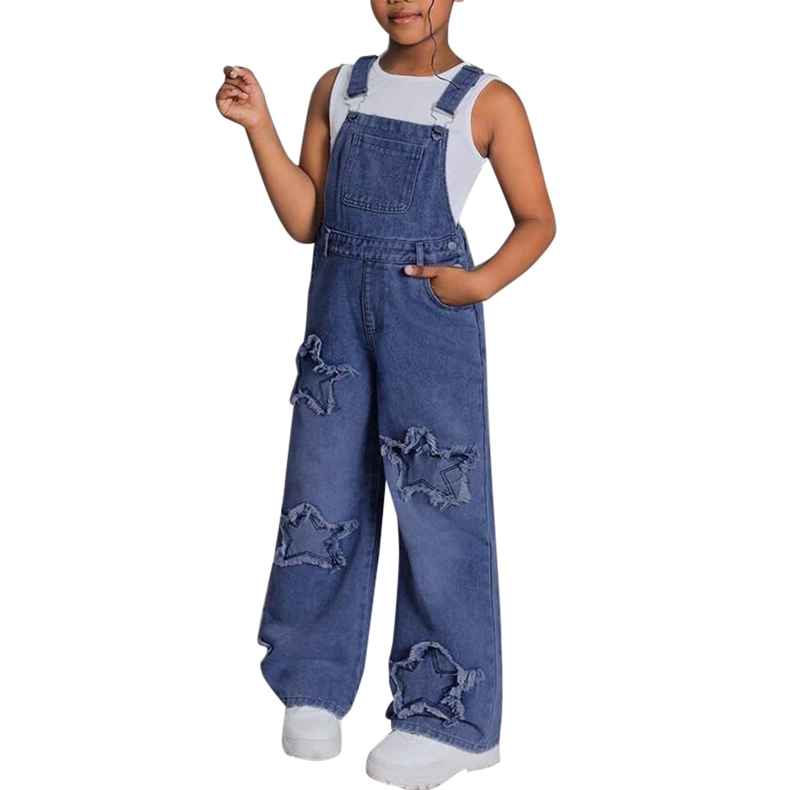Girls Star Embroidered Wide-Leg Denim Overalls