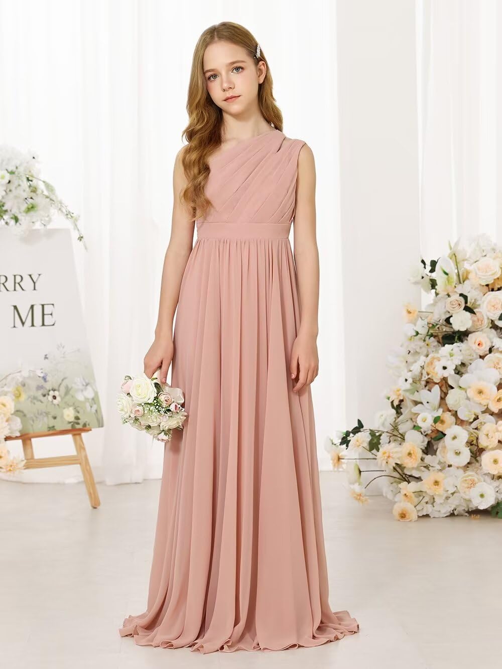 Girls One-Shoulder Chiffon Bridesmaid Maxi Dress