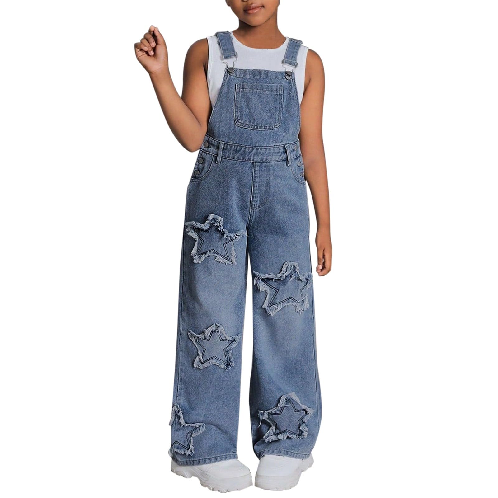 Girls Star Embroidered Wide-Leg Denim Overalls