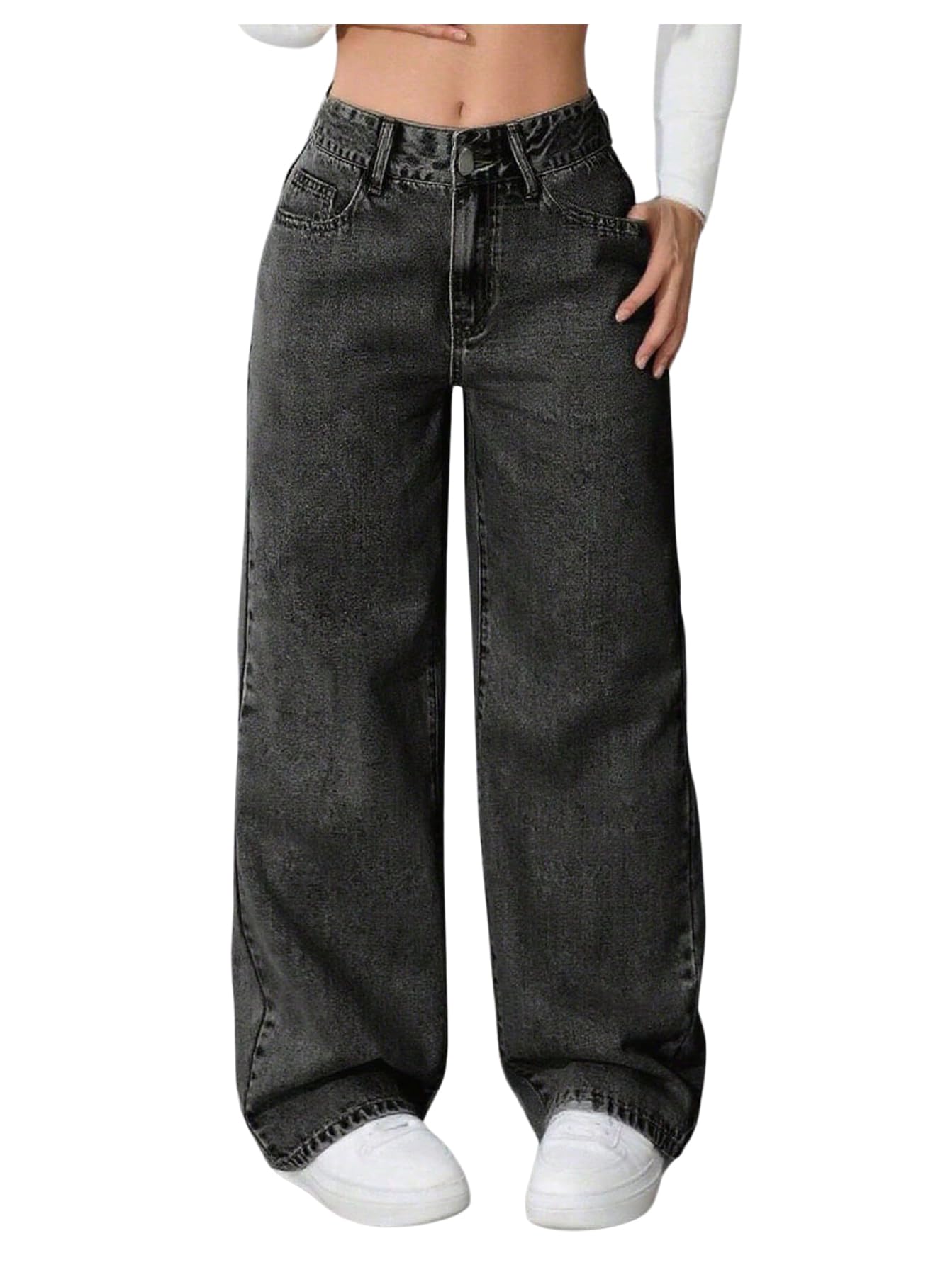 Girls High-Waisted Wide Leg Baggy Jeans with Pockets
