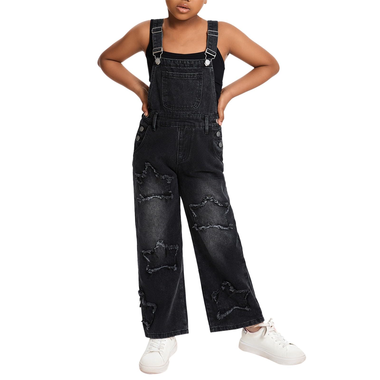 Girls Star Embroidered Wide-Leg Denim Overalls