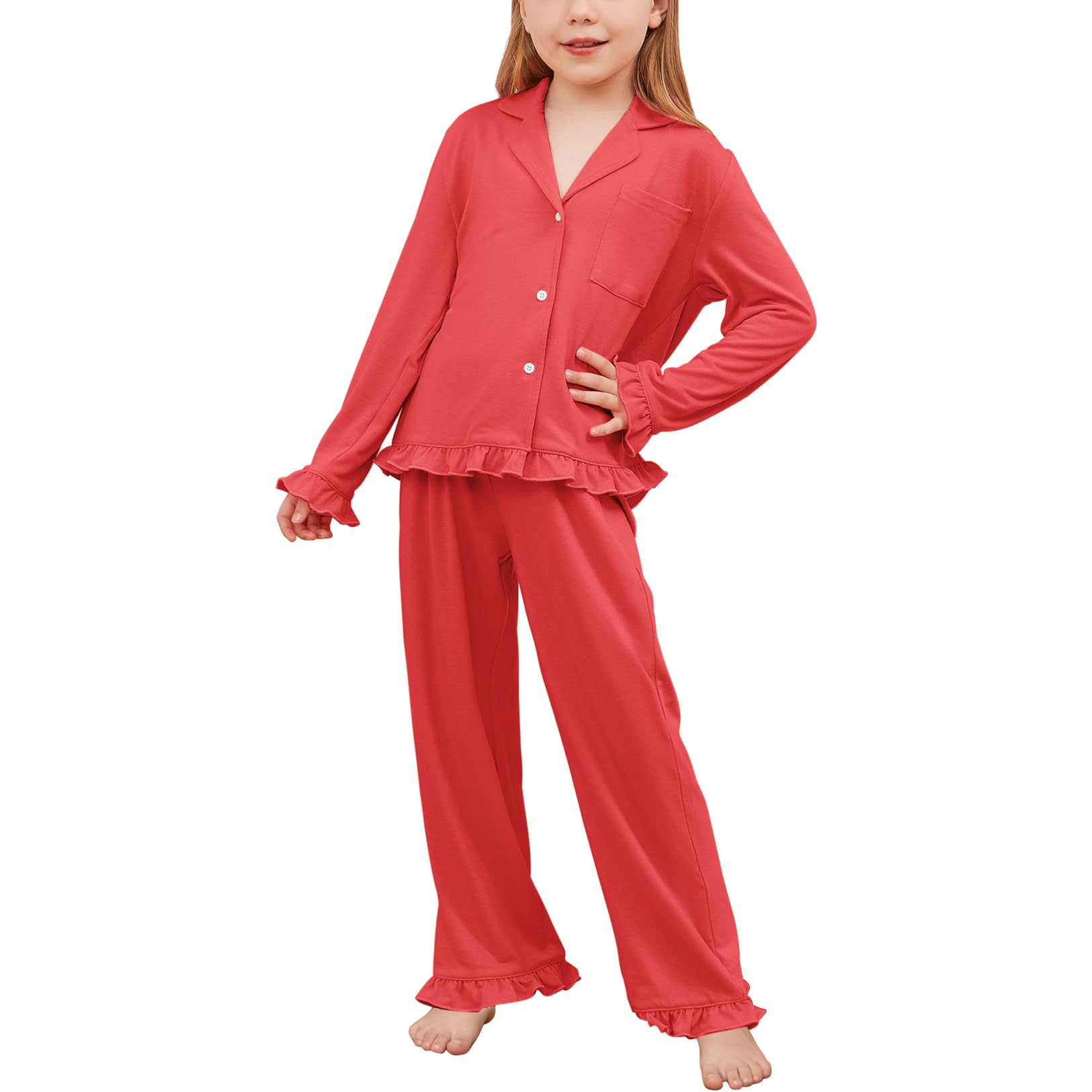 Girls Ruffle Long Sleeve Button-Down Pajama Set