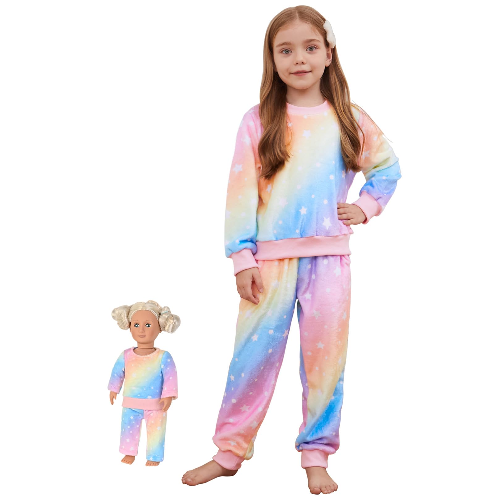 Girls Long Sleeve Fleece Pajama Set with Matching Doll PJs