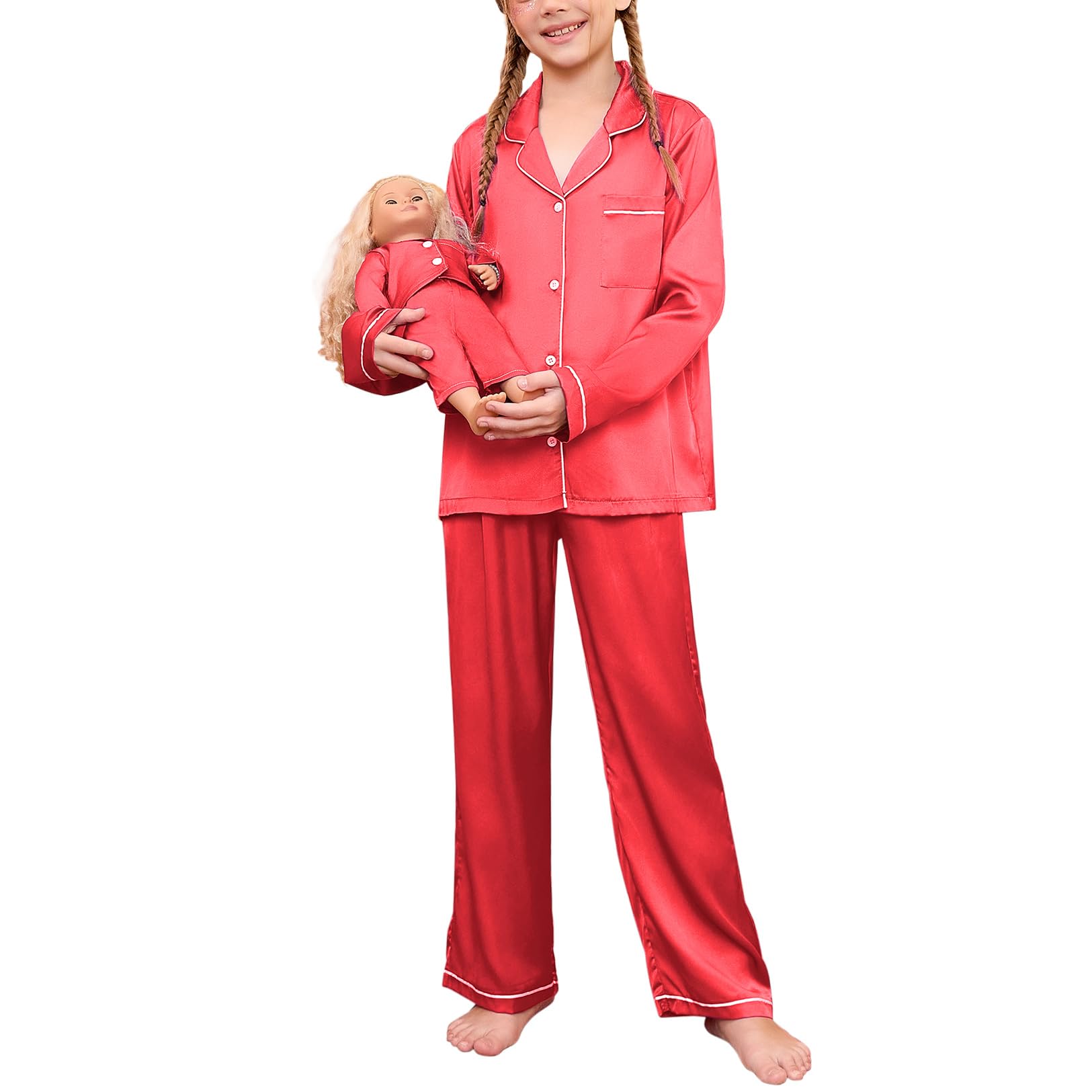 Girls Long Sleeve Satin Pajama Set with Matching Doll PJs
