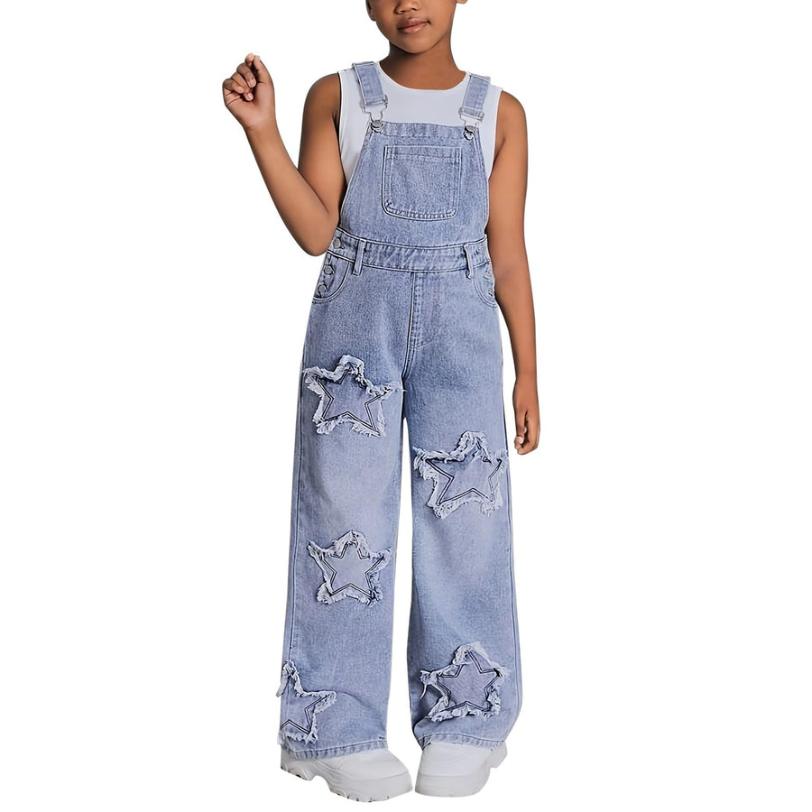 Girls Star Embroidered Wide-Leg Denim Overalls