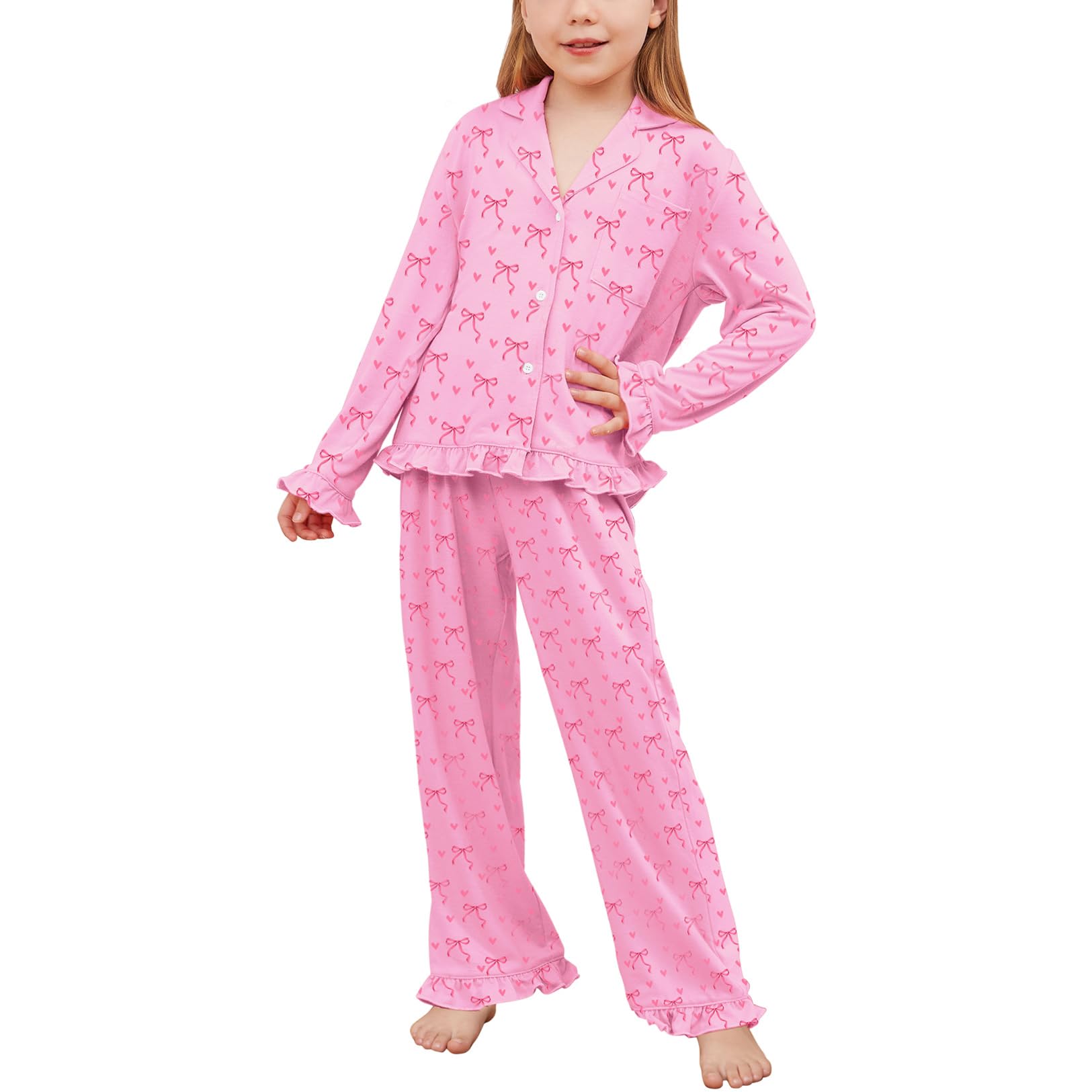 Girls Ruffle Long Sleeve Button-Down Pajama Set