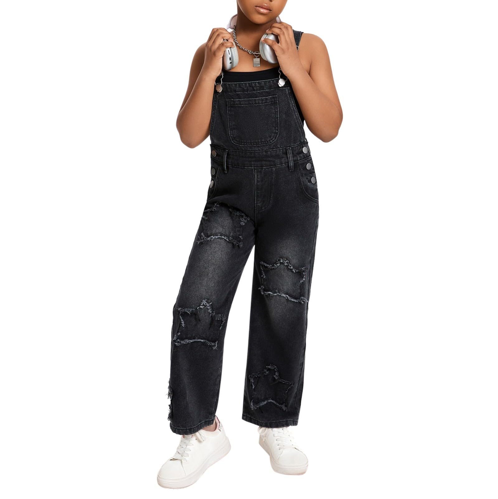 Girls Star Embroidered Wide-Leg Denim Overalls