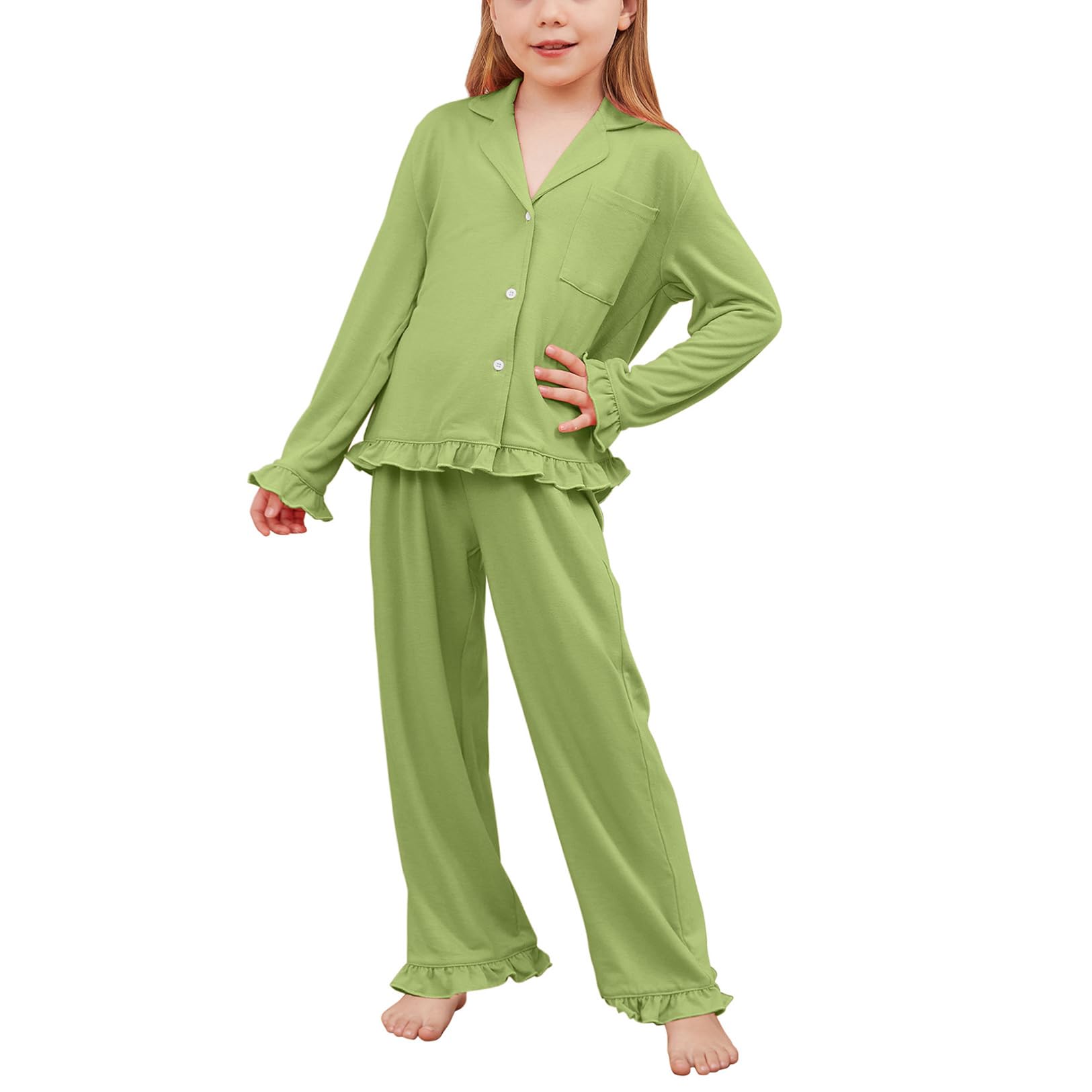 Girls Ruffle Long Sleeve Button-Down Pajama Set