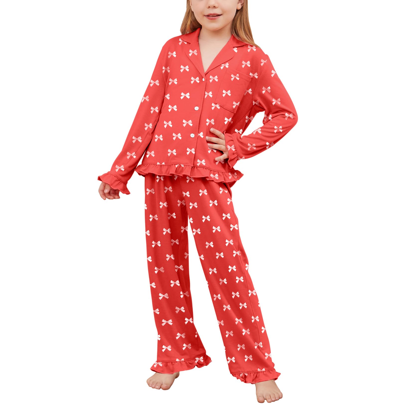 Girls Ruffle Long Sleeve Button-Down Pajama Set