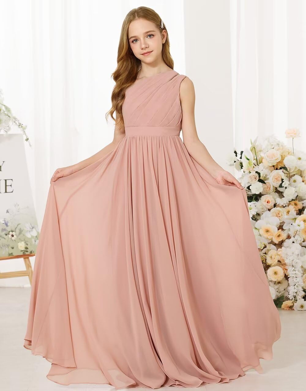 Girls One-Shoulder Chiffon Bridesmaid Maxi Dress