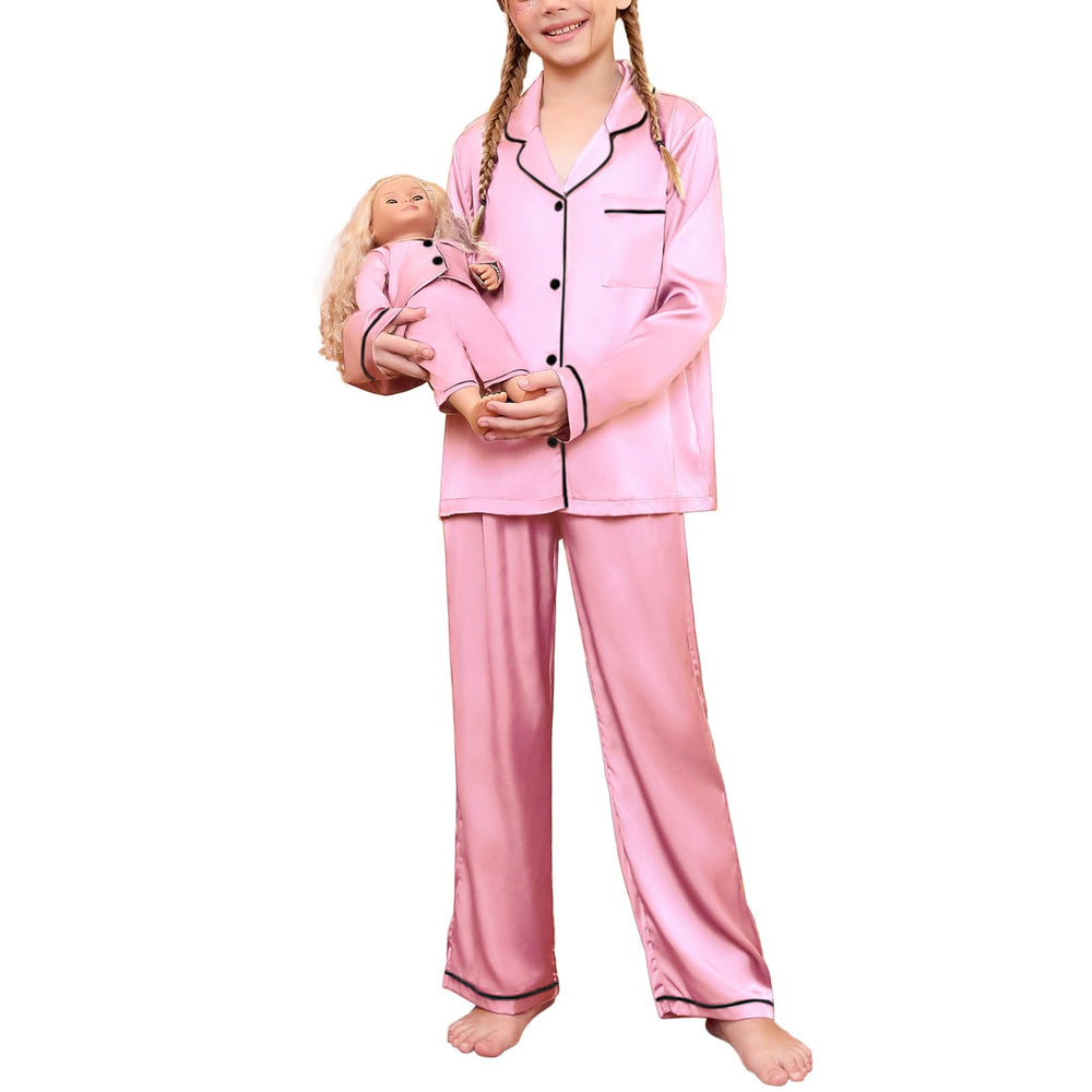 Girls Long Sleeve Satin Pajama Set with Matching Doll PJs