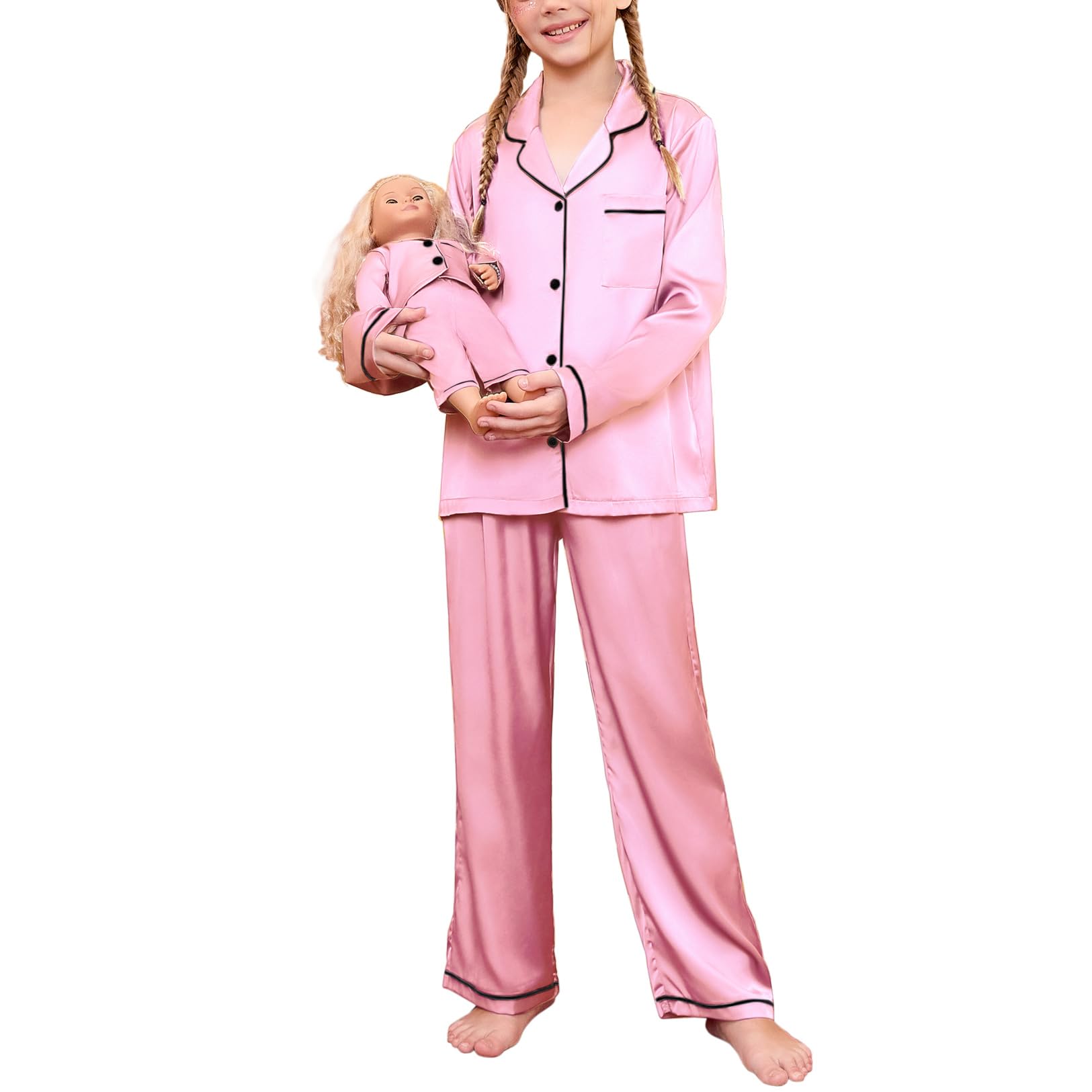 Girls Long Sleeve Satin Pajama Set with Matching Doll PJs