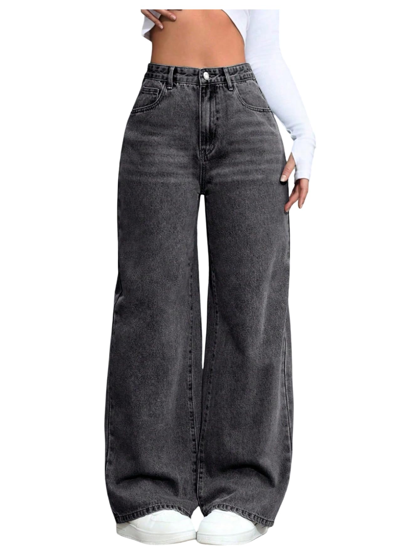 Girls High-Waisted Wide Leg Baggy Jeans with Pockets
