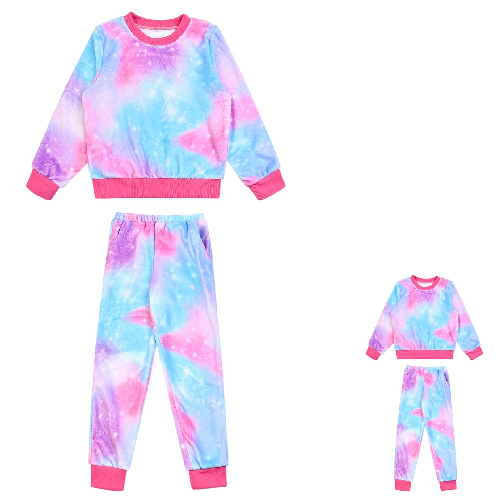 Girls Long Sleeve Fleece Pajama Set with Matching Doll PJs