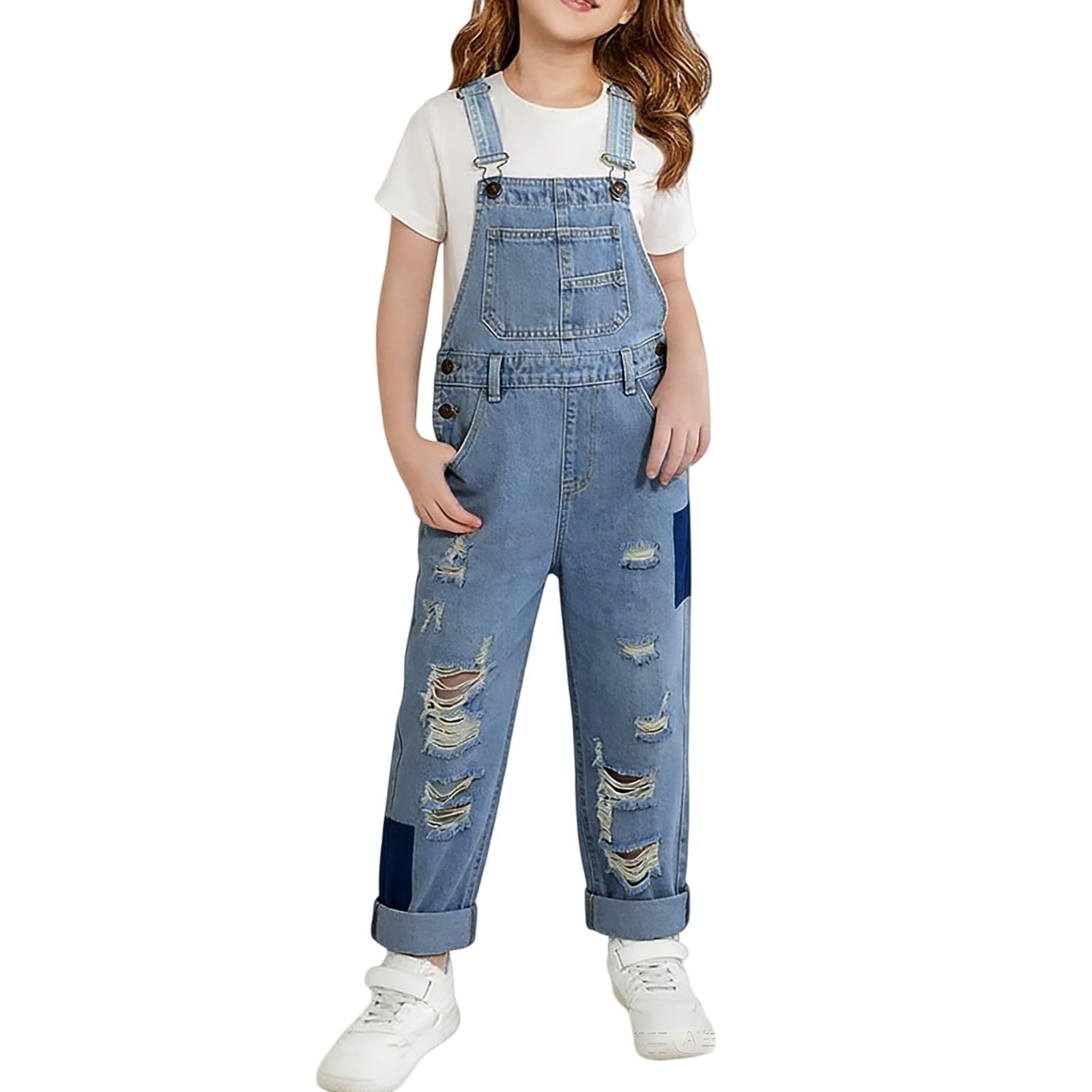 Girls Distressed Wide-Leg Denim Overalls