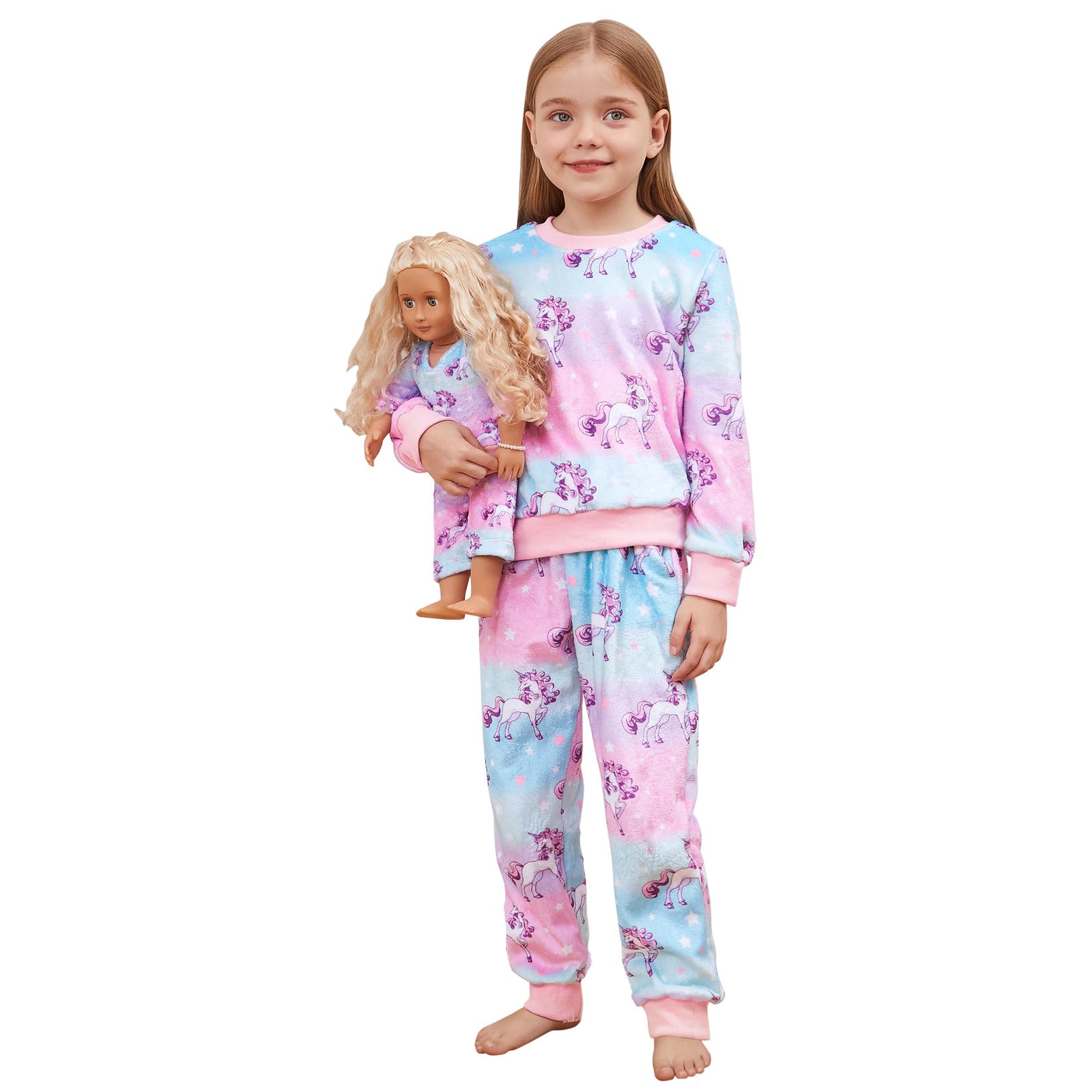 Girls Long Sleeve Fleece Pajama Set with Matching Doll PJs
