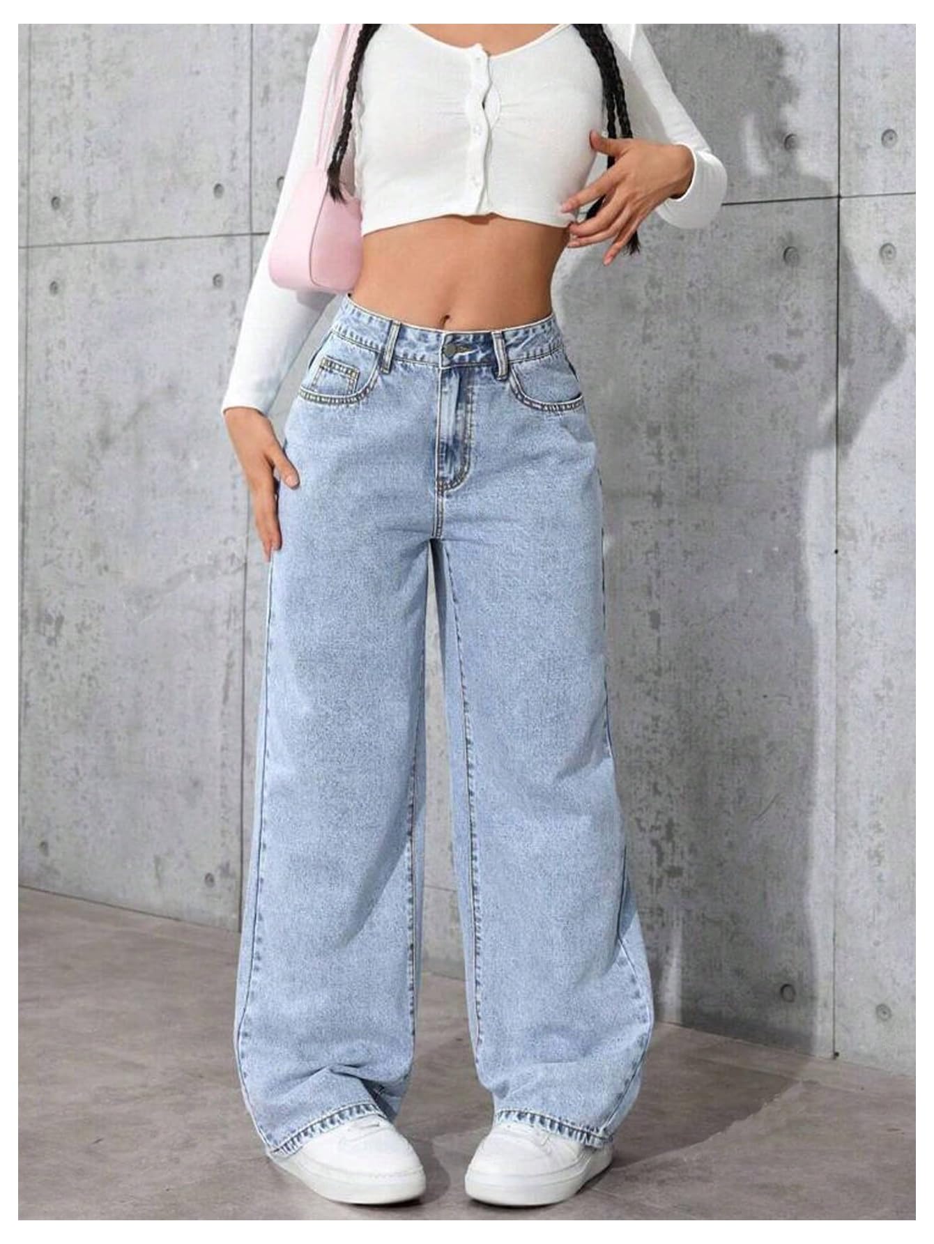 Girls High-Waisted Wide Leg Baggy Jeans with Pockets