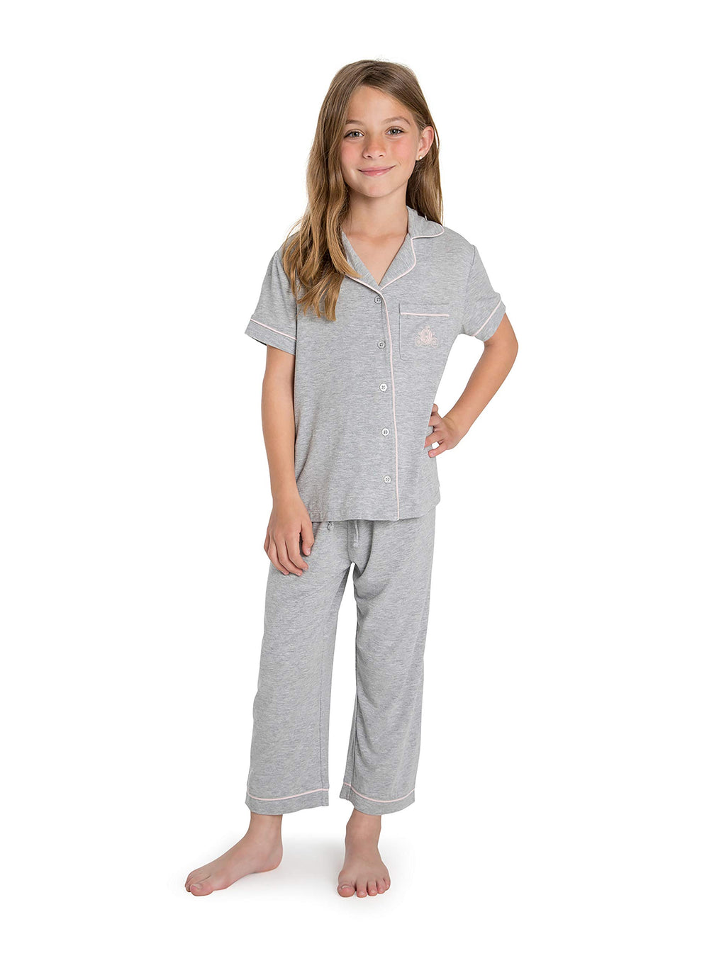 Barefoot Dreams Malibu Collection Disney Princess Youth Piped PJ Set, Gray