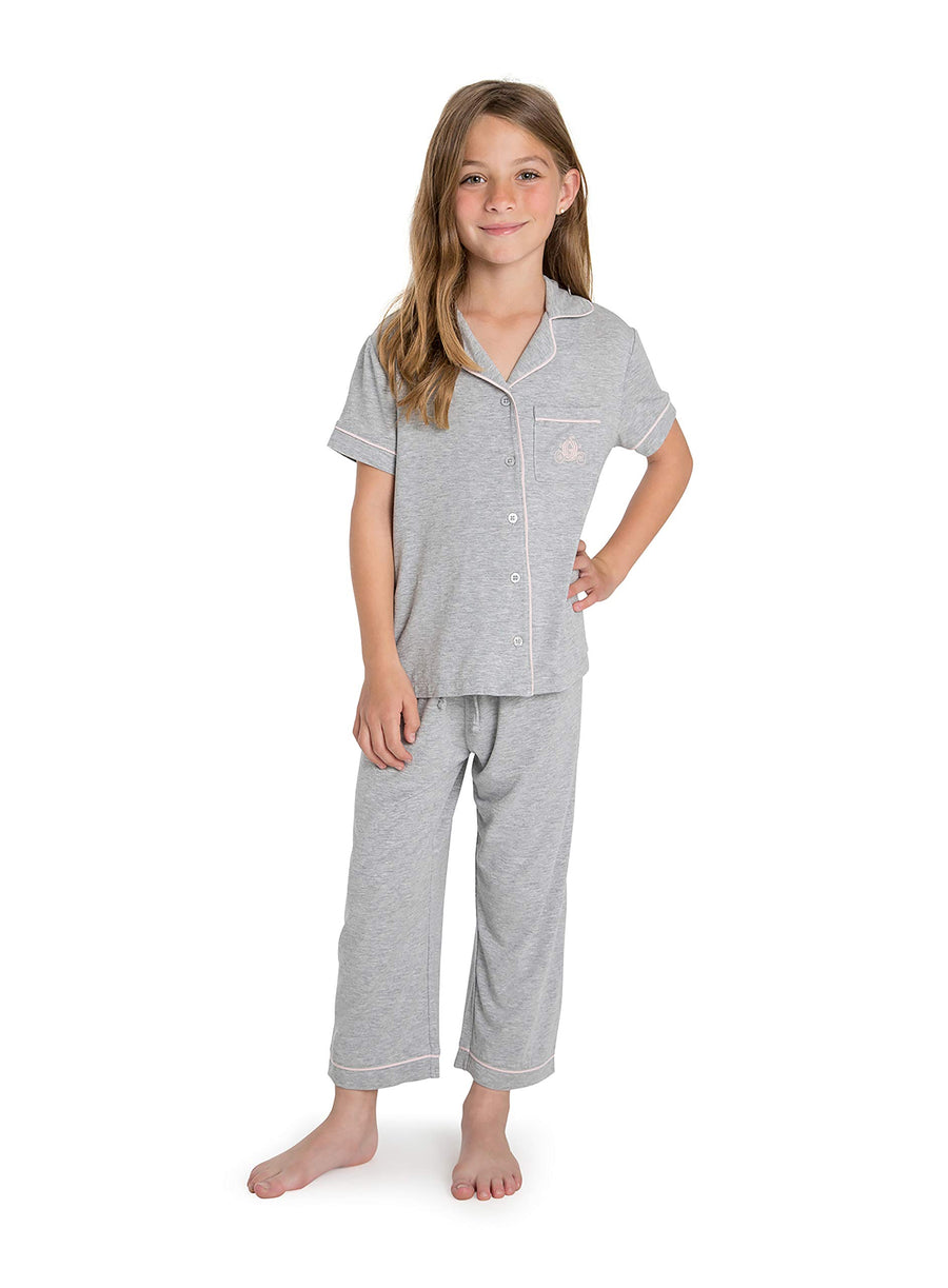 Barefoot Dreams Malibu Collection Disney Princess Youth Piped PJ Set, Gray