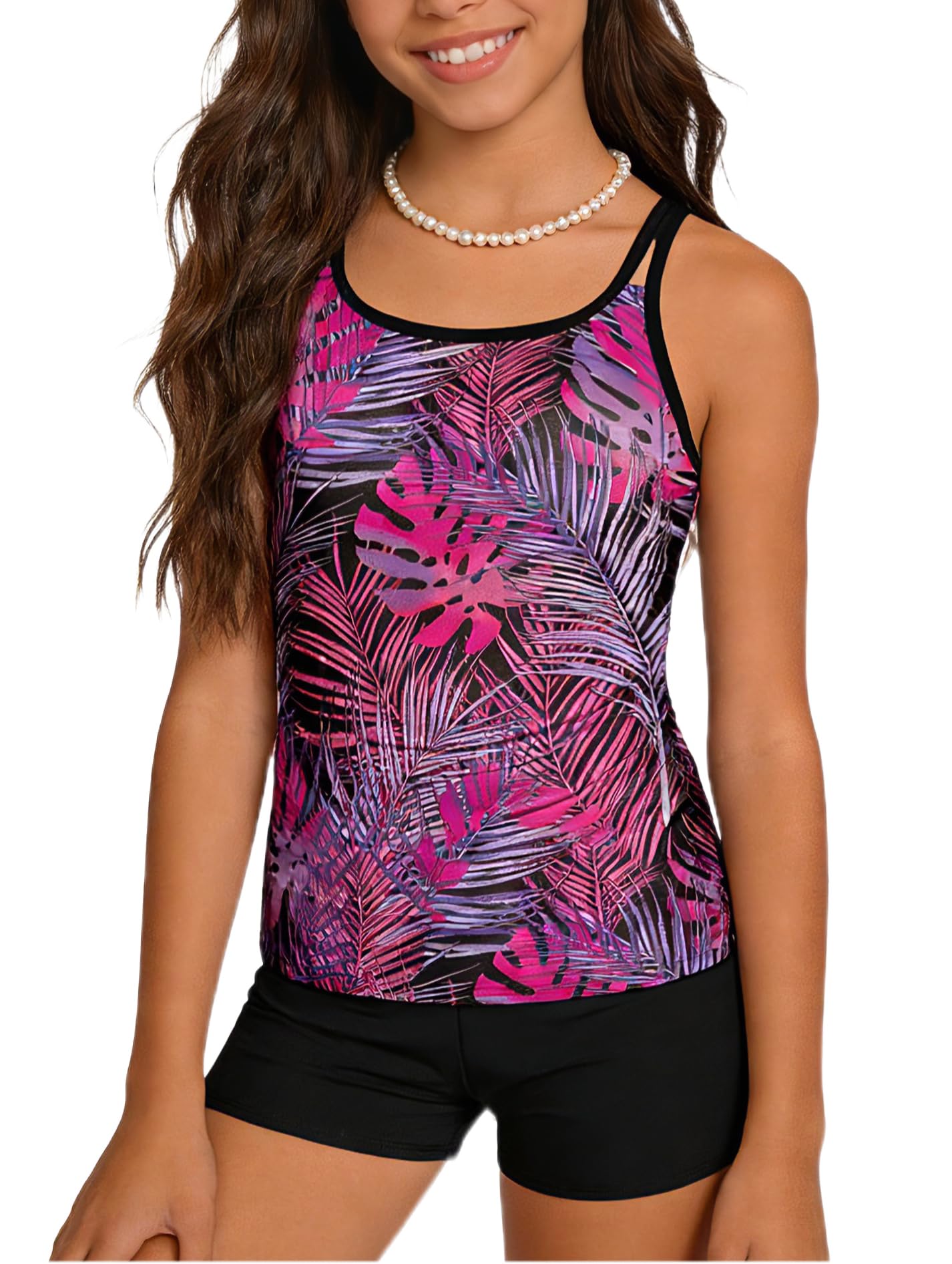 Girls Sporty Printed Tankini Swimsuit with Shorts