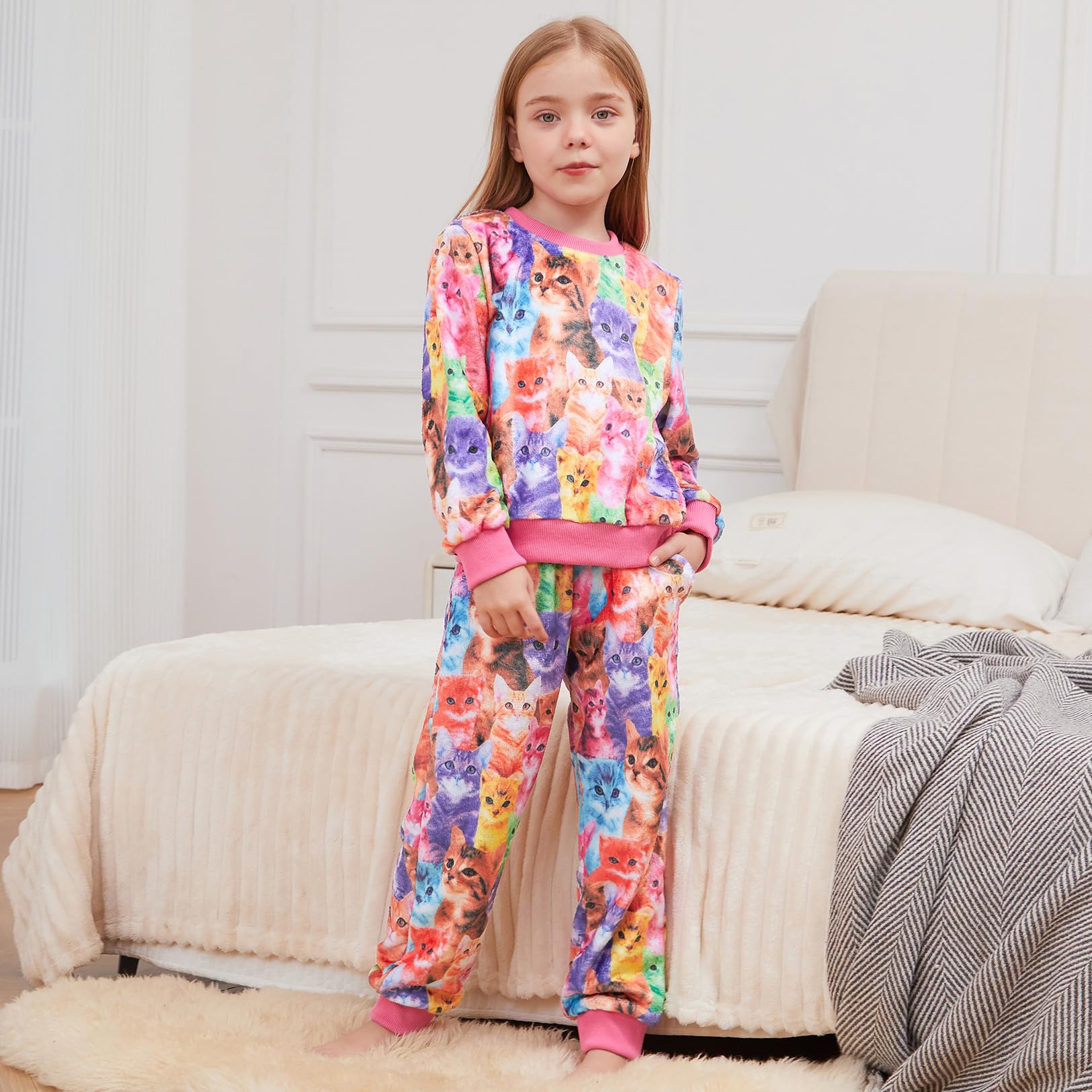 Girls Long Sleeve Fleece Pajama Set with Matching Doll PJs