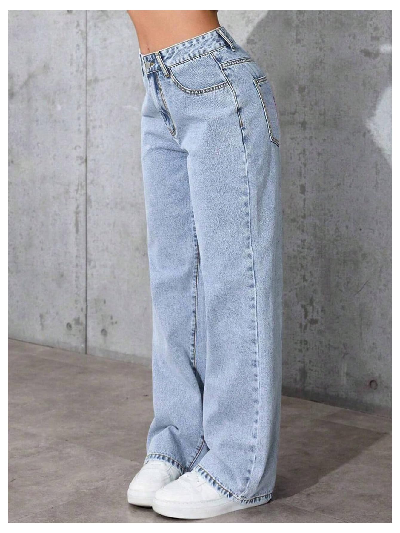 Girls High-Waisted Wide Leg Baggy Jeans with Pockets