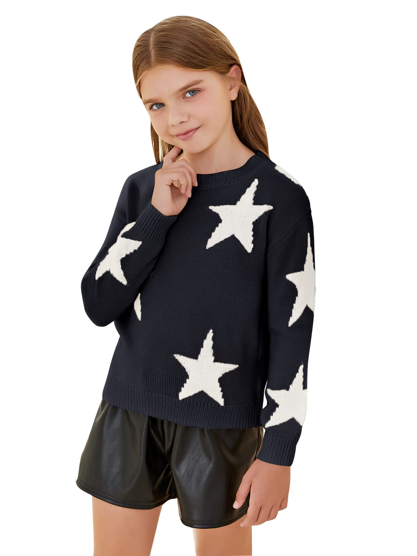 Girls Star Print Long Sleeve Knit Sweater