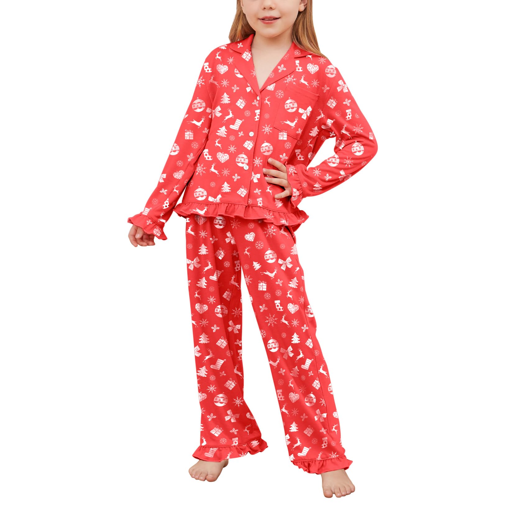 Girls Ruffle Long Sleeve Button-Down Pajama Set