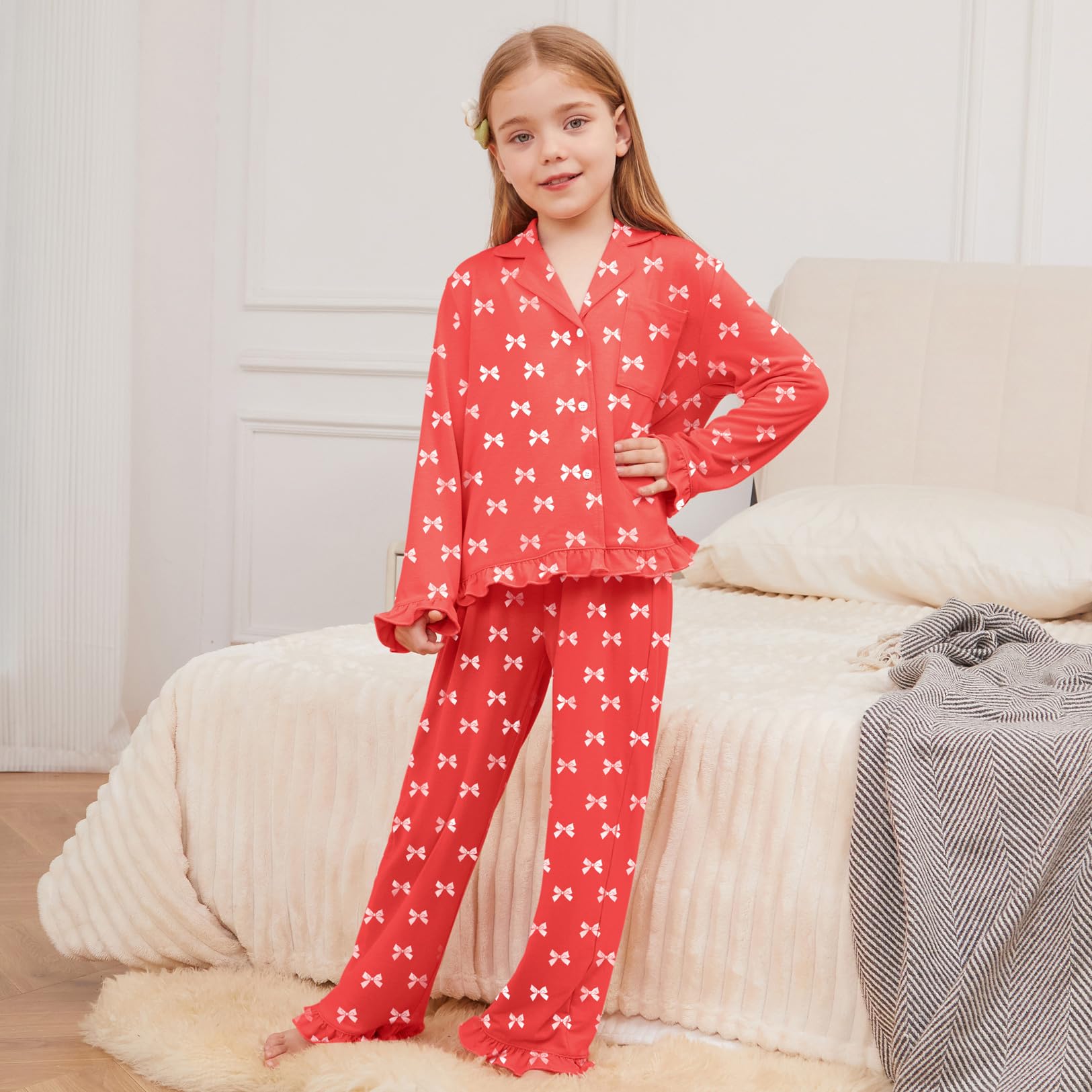 Girls Ruffle Long Sleeve Button-Down Pajama Set