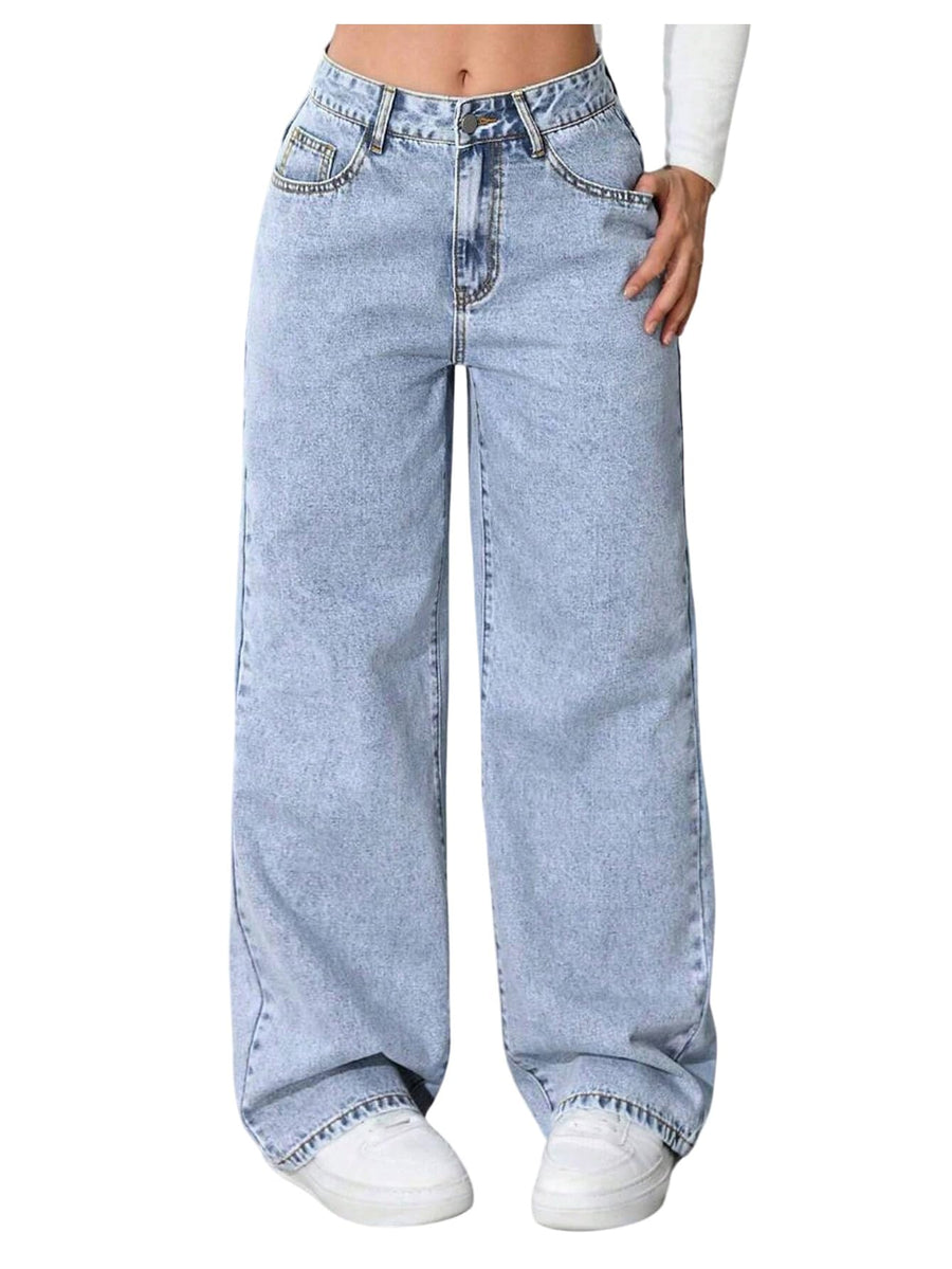 Girls High-Waisted Wide Leg Baggy Jeans with Pockets