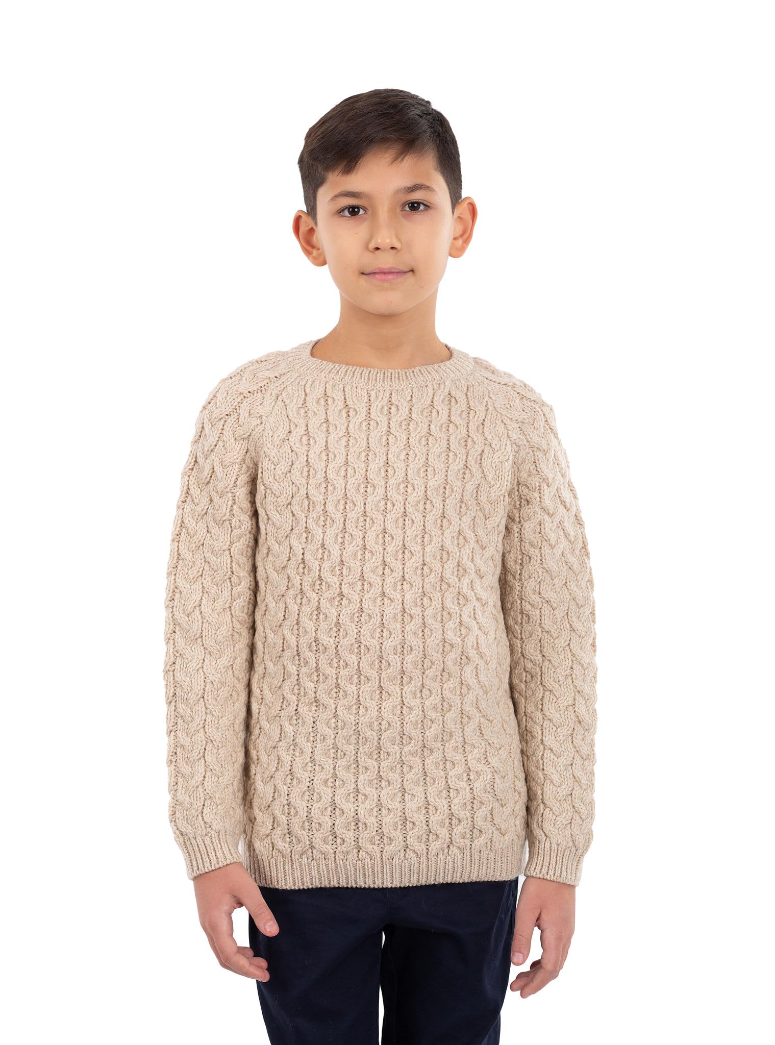Kids Classic Aran Cable Knit Merino Wool Sweater