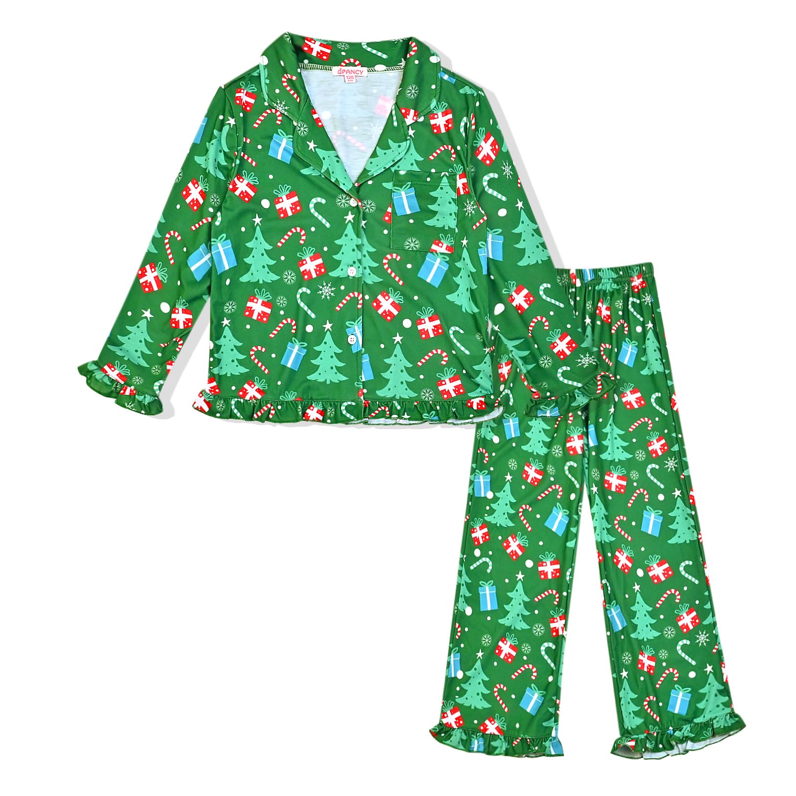 Girls Ruffle Long Sleeve Button-Down Pajama Set