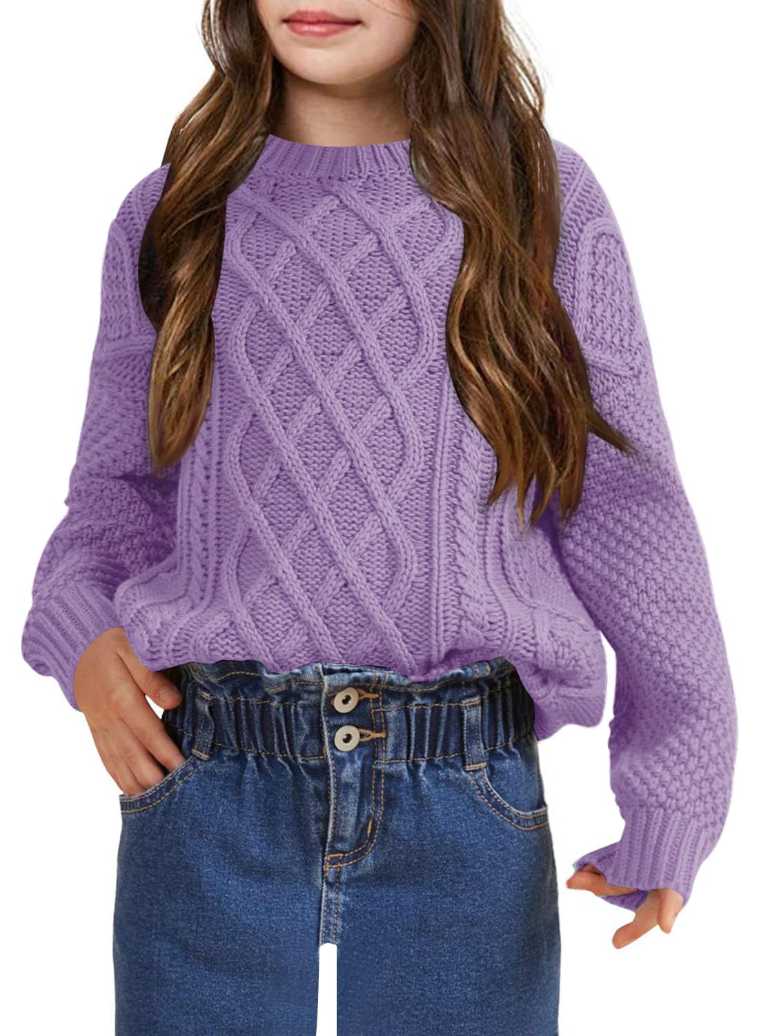 Kids Long Sleeve Cable Knit Crewneck Sweater