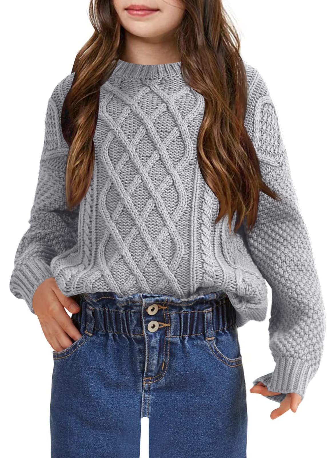Kids Long Sleeve Cable Knit Crewneck Sweater