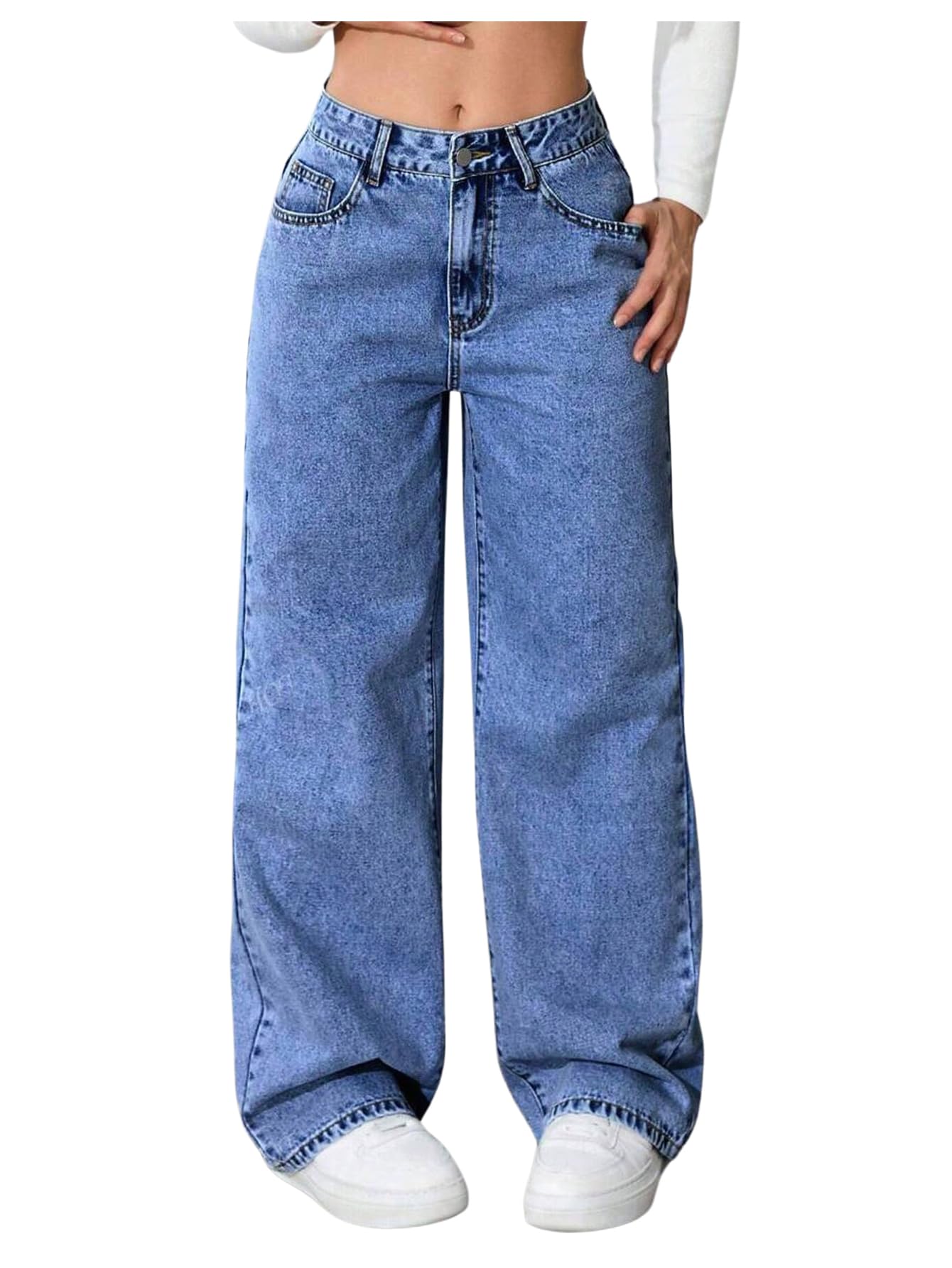 Girls High-Waisted Wide Leg Baggy Jeans with Pockets