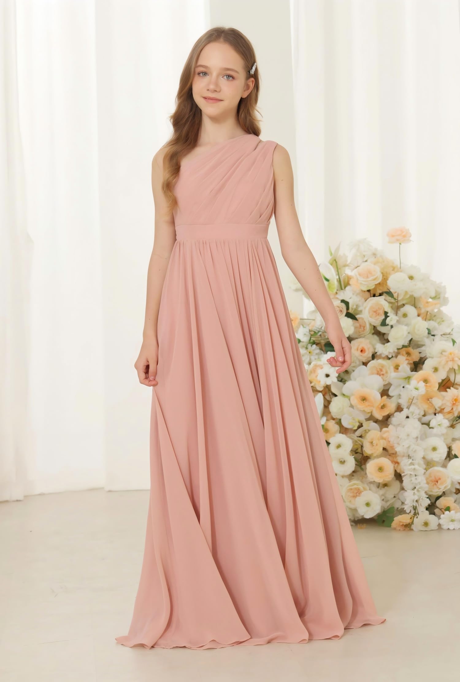 Girls One-Shoulder Chiffon Bridesmaid Maxi Dress